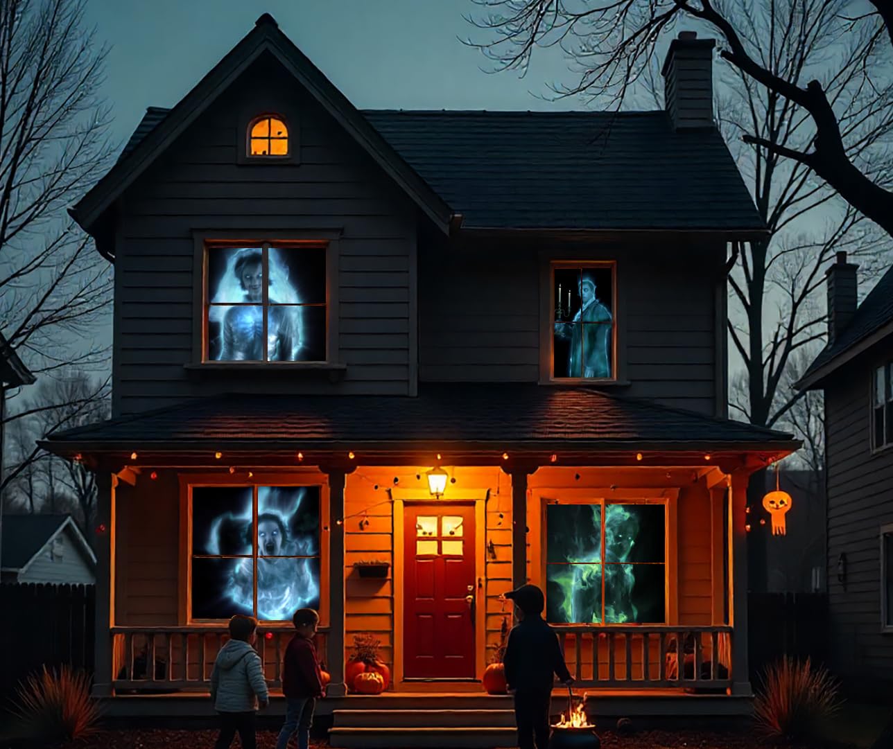 AtmosFX Ghostly Apparitions USB + 5.5' x 9' Large Gray Holographic Screen for Halloween Projection