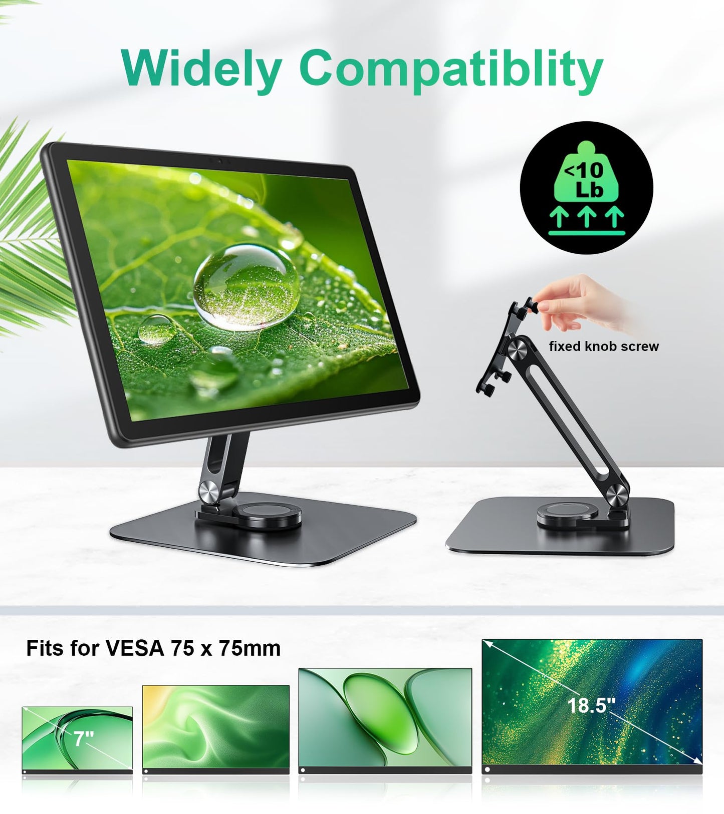 Forzola Portable Monitor Stand VESA 75x75mm Holes M4 Anti-loss Screws, Aluminum Alloy Base, Fits 7" to 18.5" Inch Small Monitors, Black Desk Mount
