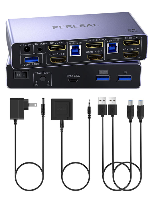 PERESAL HDMI2.1+DP1.4 KVM Switch 8K60Hz 4K120Hz, 2 Monitors 2 Conputers, Share Mouse and Keyboard, U-Disk, Printer, 3 USB3.0 Ports 1 USB-C/Type-c Port