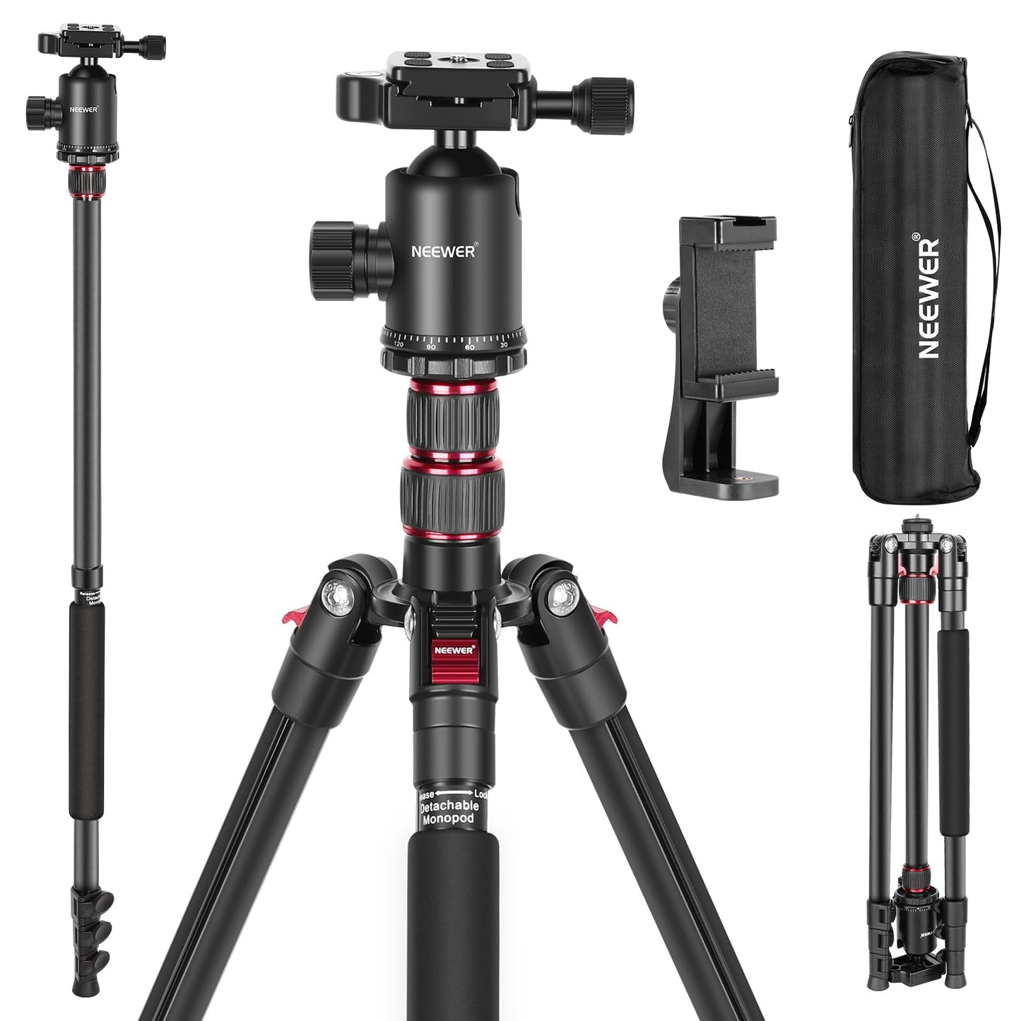 NEEWER 77 inch Camera Tripod Monopod for DSLR, Phone with 360° Panoramic Ball Head, 2 Axis Center Column, Arca Type QR Plate, Bag, Compact Aluminum
