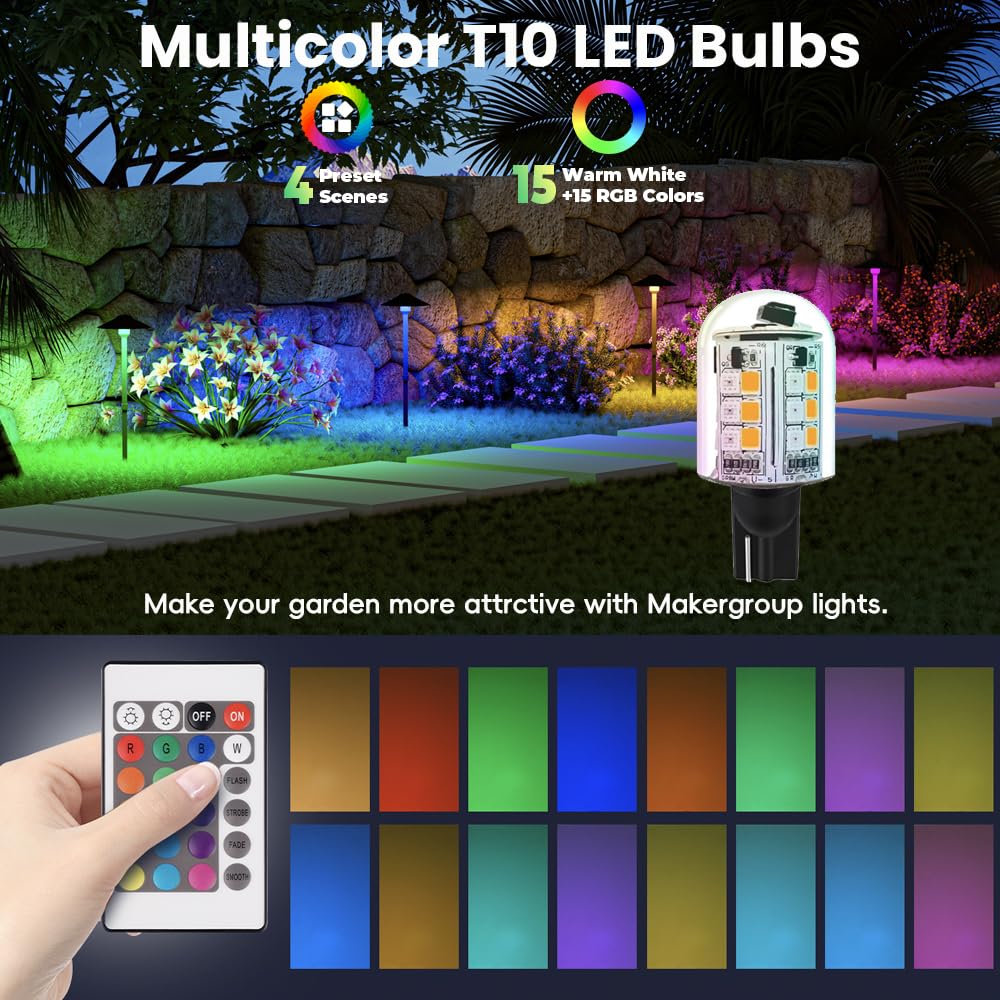 Makergroup RGB T5 T10 Wedge Base LED Light Bulbs 12V Color Changing, Warm White+15 Multi-Colors and Dimmable on Remote Control, Weatherpoof