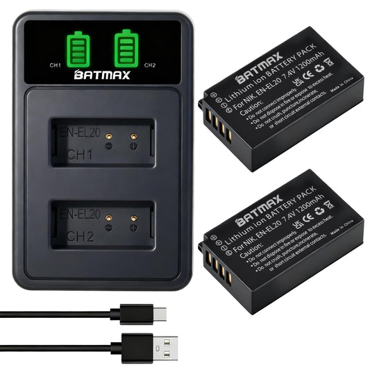 Batmax EN-EL20 Battery (2-Pack) + LED USB LCD Charger for Nikon EN-EL20 EN-EL20a Nikon P1000, P1100, DL24-500,1 J1, 1 J2, 1 J3, 1 S1, 1 V3, Coolpix A