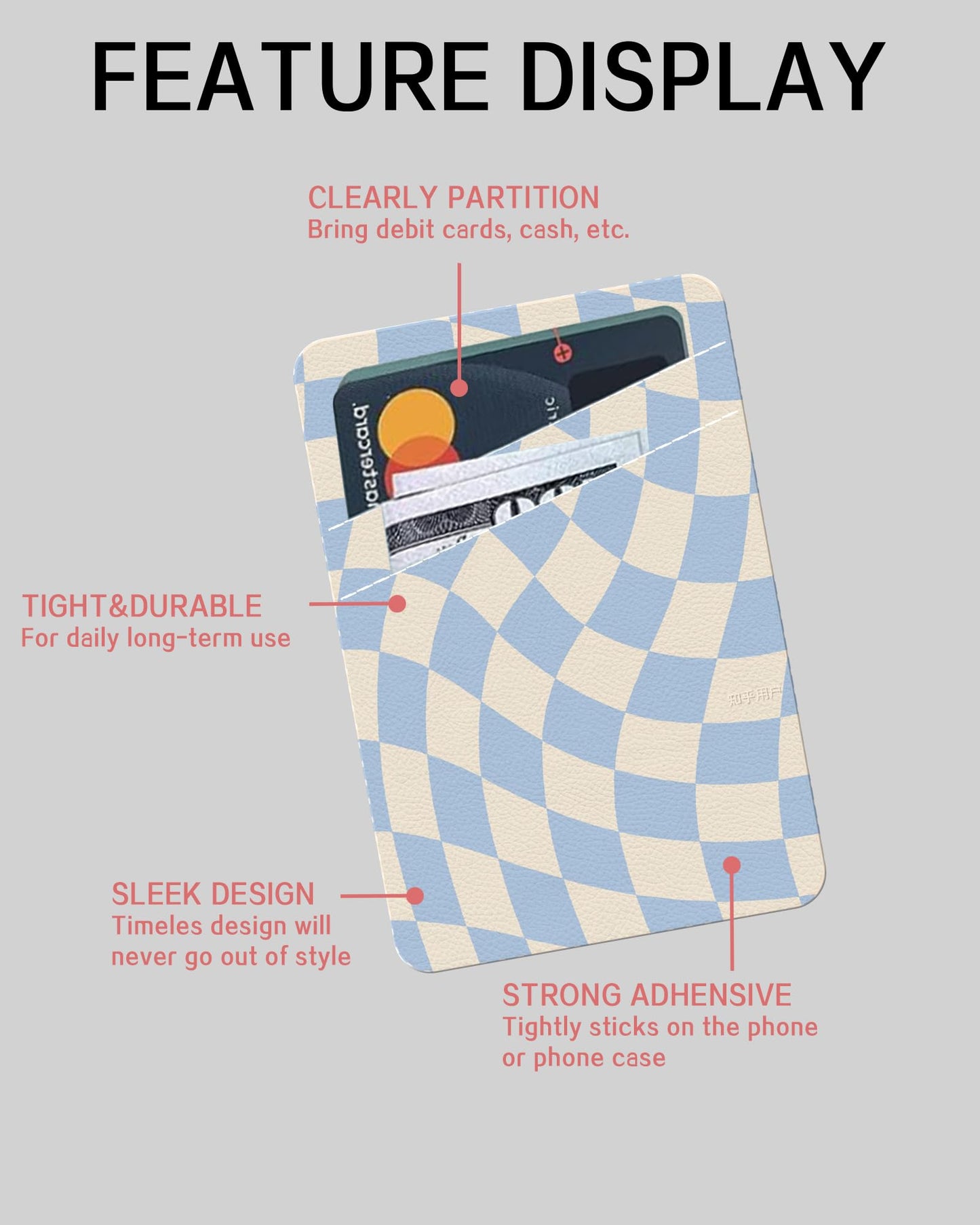 AWHSCP Leather Phone Wallet, Dual Pocket Credit Card Sticky Wallet, Compatible Cell Phones, Cute Twisted Blue Checkerboard
