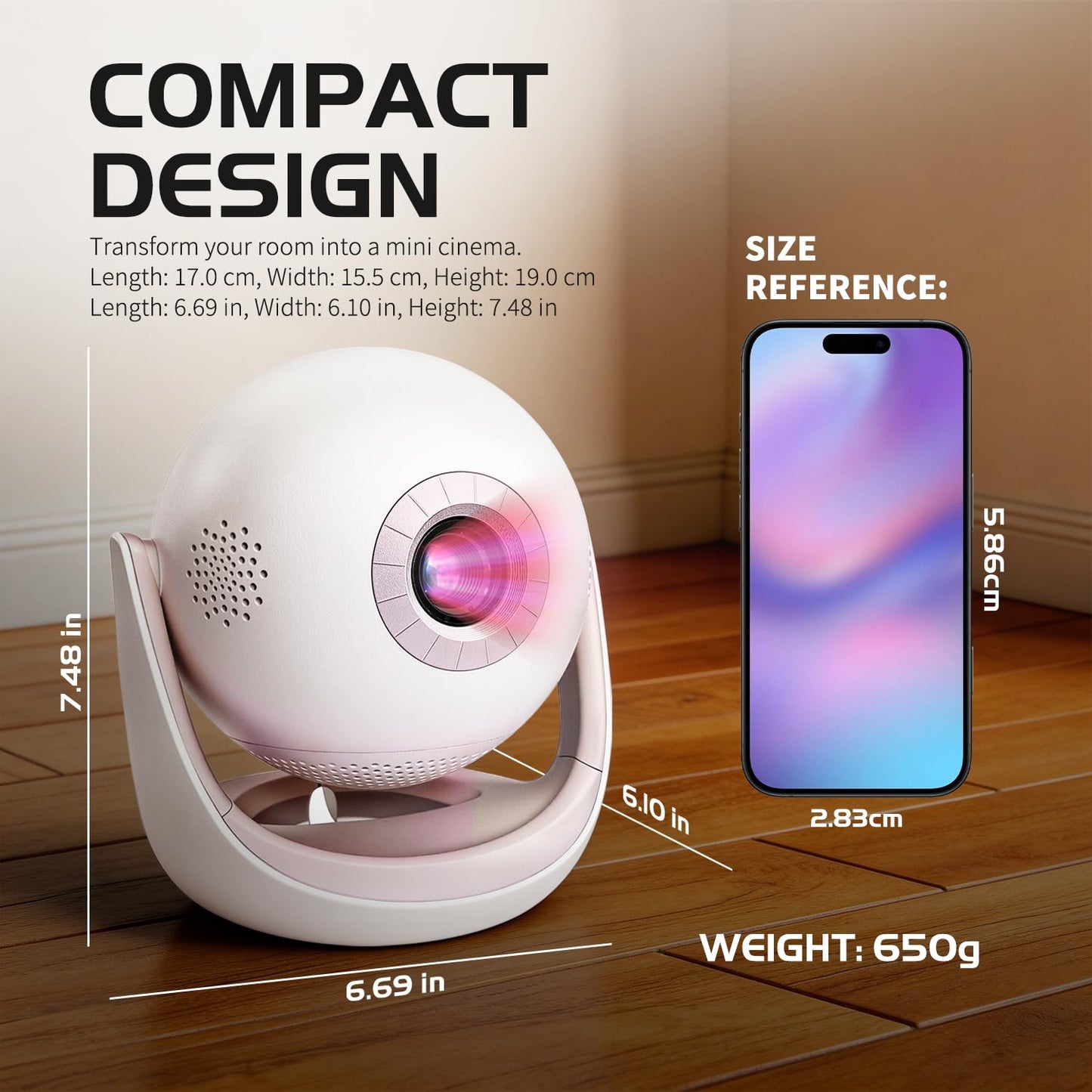 ?2026 Upgrade Version?Smart Portable Projector with WiFi 6 & Android TV, Spherical Movie Projector for Ceiling, 270° Rotating Gimbal Design, Bluetooth
