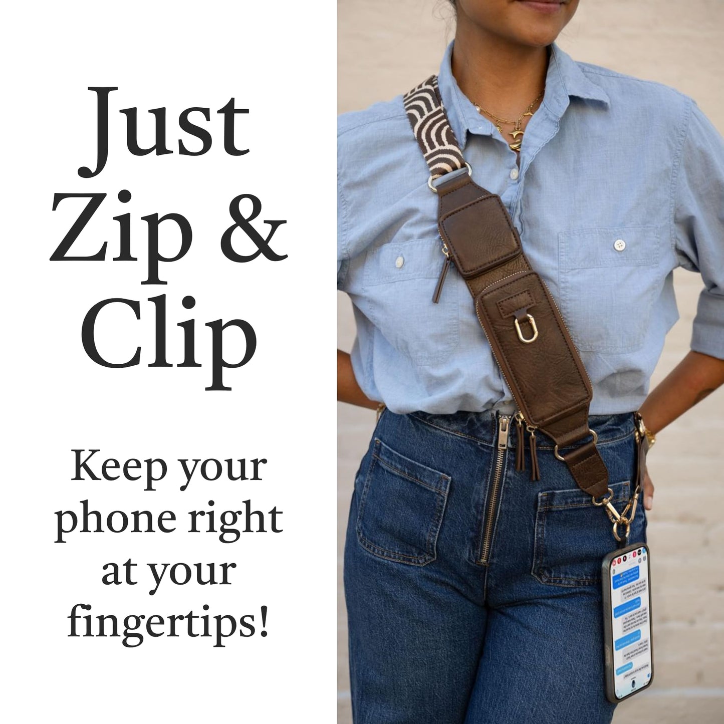 Save the Girls Zip & Clip Phone Crossbody with Wallet, Vegan, Espresso