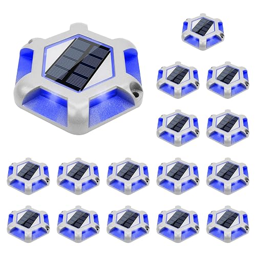 VOLISUN Solar Dock Lights, 16-Pack Waterproof Outdoor LED Aluminum Dock Lighting Warning Step Lights for Driveway (Blue+White, 2 Colors in 1), Auto