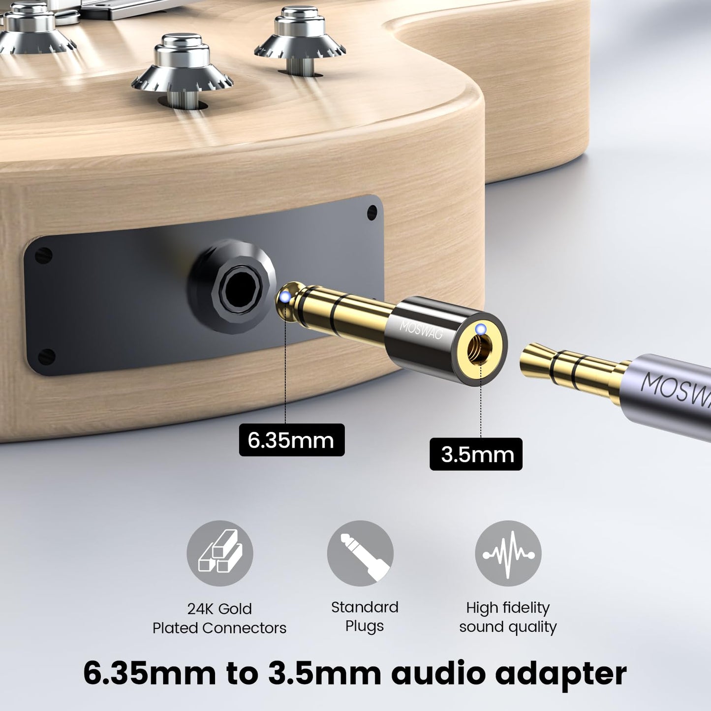 MOSWAG 6.35mm 1/4 Male to 3.5mm 1/8 Female Stereo Headphone Adapter Audio Jack Plug Gold Plated Compatible with Speaker Headphone Guitar Digital Piano