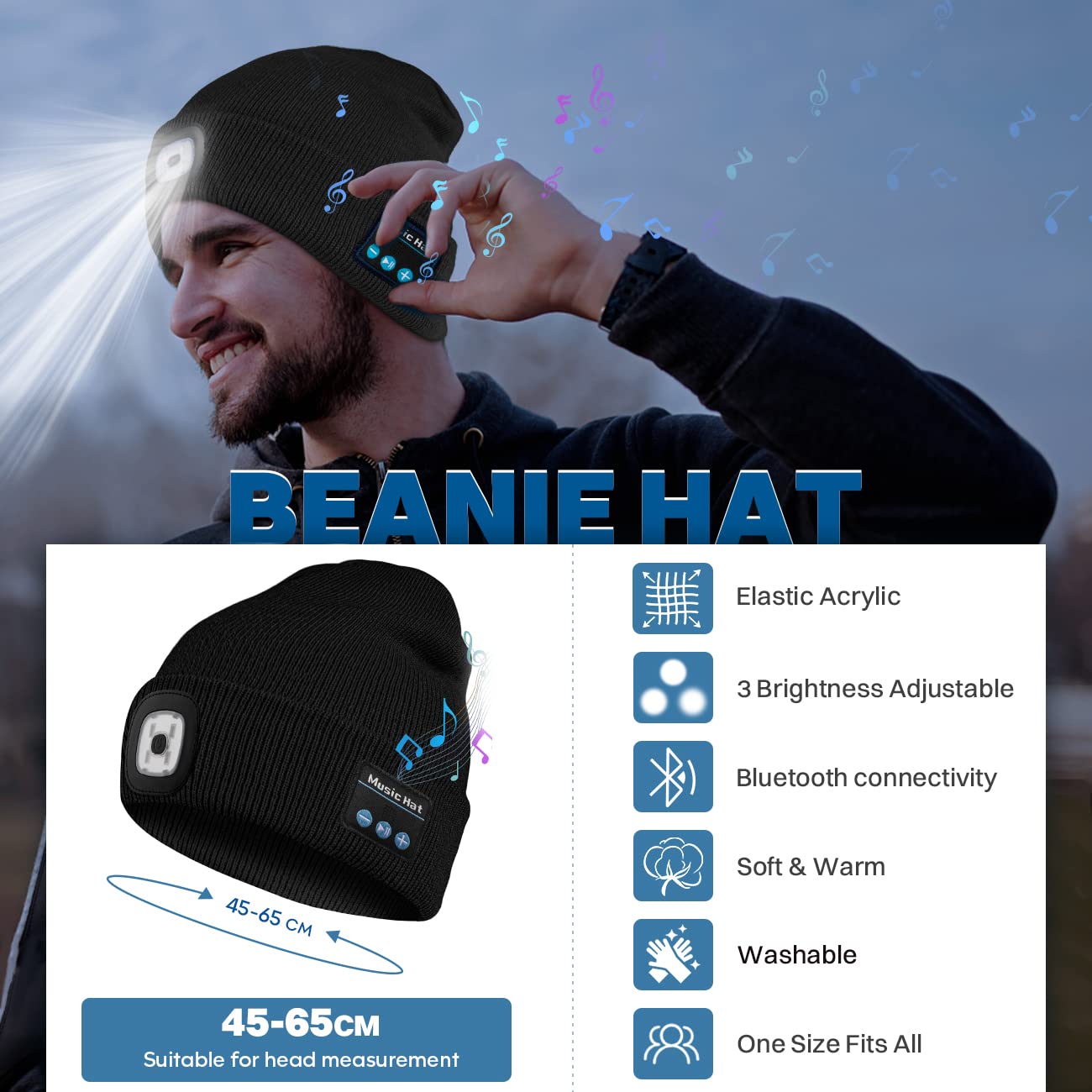 Bosttor Bluetooth Beanie Hat with Light, Headlamp Cap with Headphones and Built-in Speaker Mic, Gifts for Men Women Teen Pink