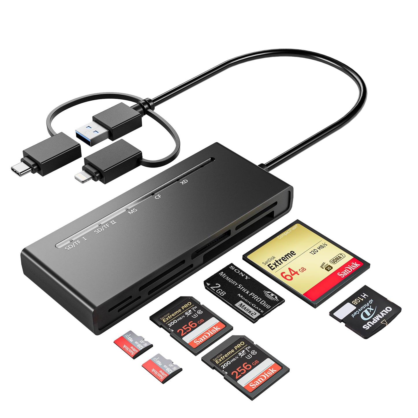 Memory Stick Pro Duo Adapter for iPhone/USB C/PC - 7 in 1 2X SD/ 2X TF/CF/MS/XD Picture Card Reader, Multi Memory Card Reader USB C Lightning OTG