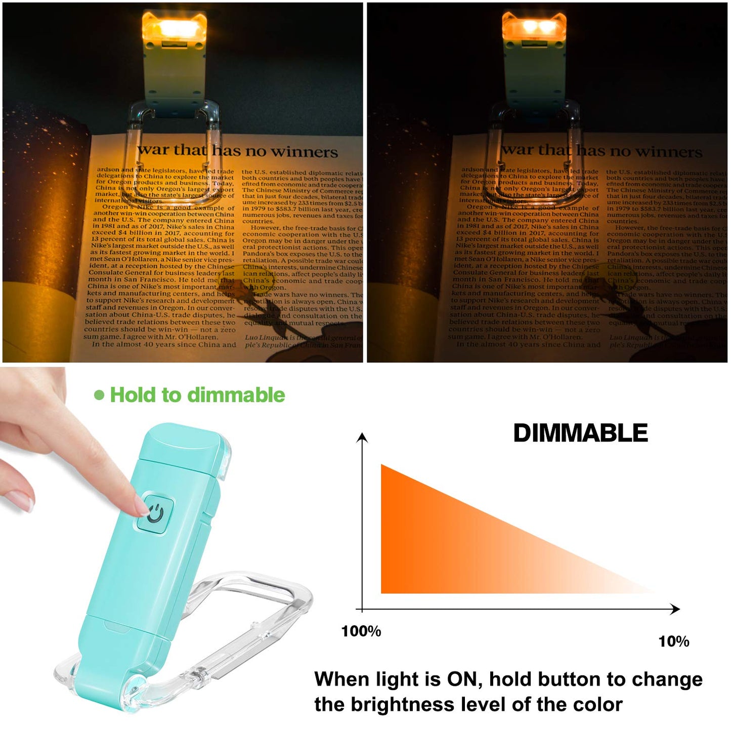 BIGLIGHT Amber Book Reading Light, LED Clip on Book Lights, Reading Lights for Books in Bed, Small Book Light for Kids, USB Rechargeable, 2 Brightness