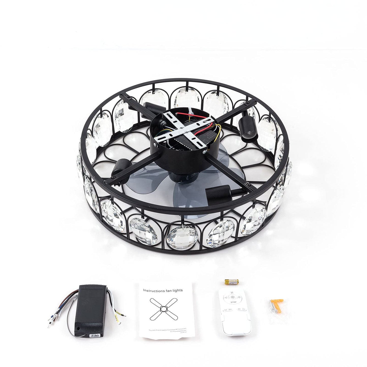 kangten 18 Inch Crystal Ceiling Fan with Lights Black Iron Modern Caged 4 E27 Adjustable 3 Wind Speed W/Remote Control Low Profile Chandelier Ceiling