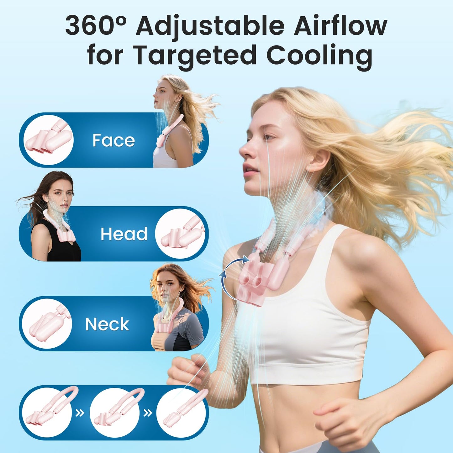 muriciter Portable Personal Neck Cooling Fan: Neck Fans Blowing Cold Air - USB Rechargeable Wearable Personal Cooler with 6000mAh Battery for Travel