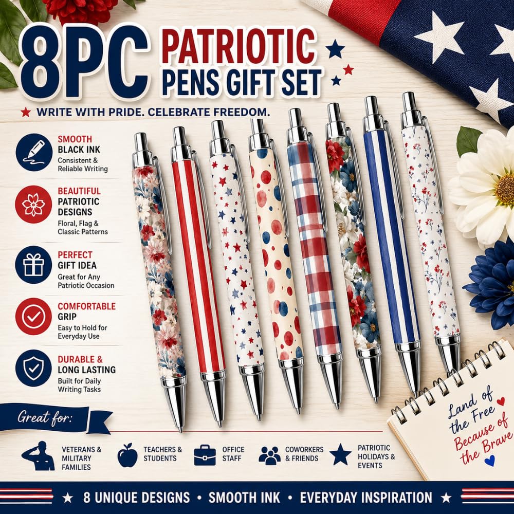 8PC Patriotic Pens Gift Set American Flag Inspired Ballpoint Writing Pens Red White Blue USA Themed Patriots Floral Office Desk Journal Planner