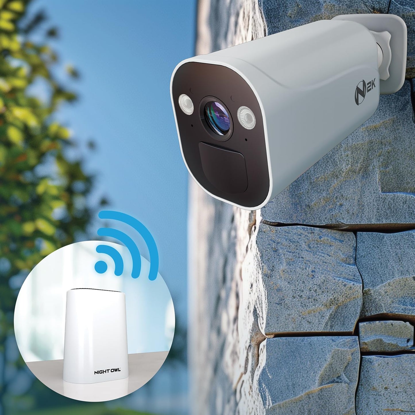 Night Owl 8 Channel Wi-Fi Video Home Security Hub with (4) Battery-Powered Wi-Fi 2K HD Indoor/Outdoor Spotlight Cameras with 2-Way Audio and 64GB