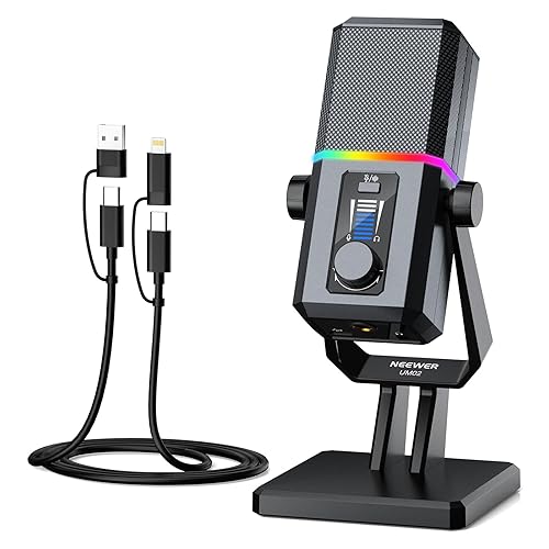 NEEWER UM02 RGB USB Microphone for Gaming Streaming Podcast, Cardioid Condenser Noise Cancellation Desk Mic for Headphone Monitoring Compatible with
