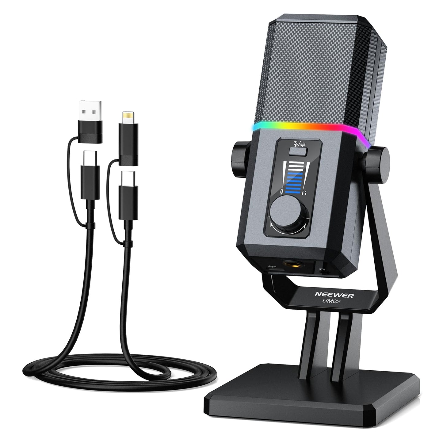 NEEWER UM02 RGB USB Microphone for Gaming Streaming Podcast, Cardioid Condenser Noise Cancellation Desk Mic for Headphone Monitoring Compatible with