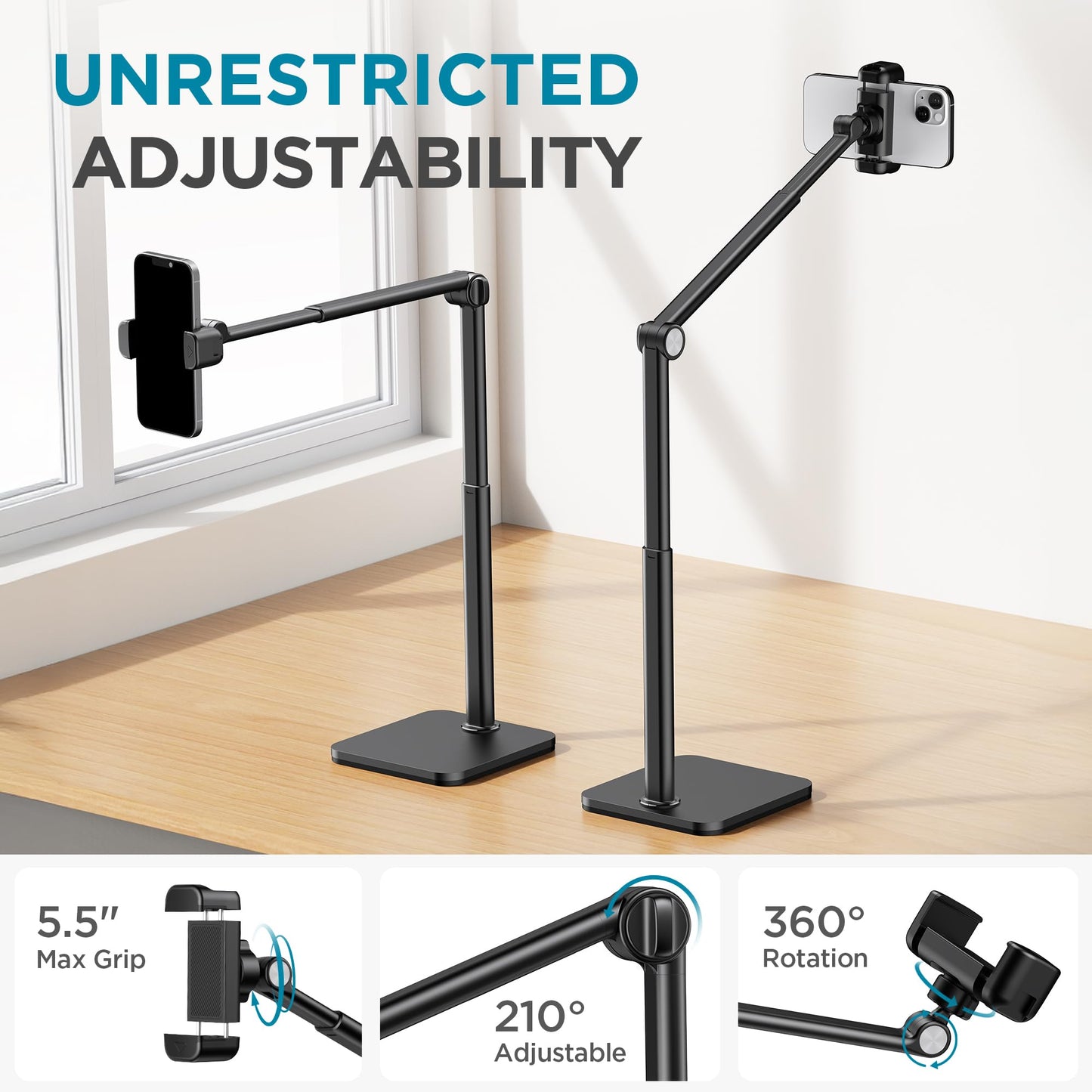 InnoGear Overhead Phone Mount, Heavy Duty Aluminum Phone Stand Tabletop Cooking Tripod for Desk Flexible Cell Phone Holder for Live Streaming