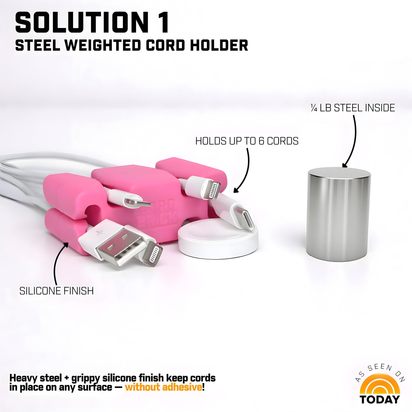 CordBrick Silicone + Steel Weighted Cord Holder for Nightstand, Travel Cord Management, iPhone Accessory, Easter Basket Stuffers for College Students