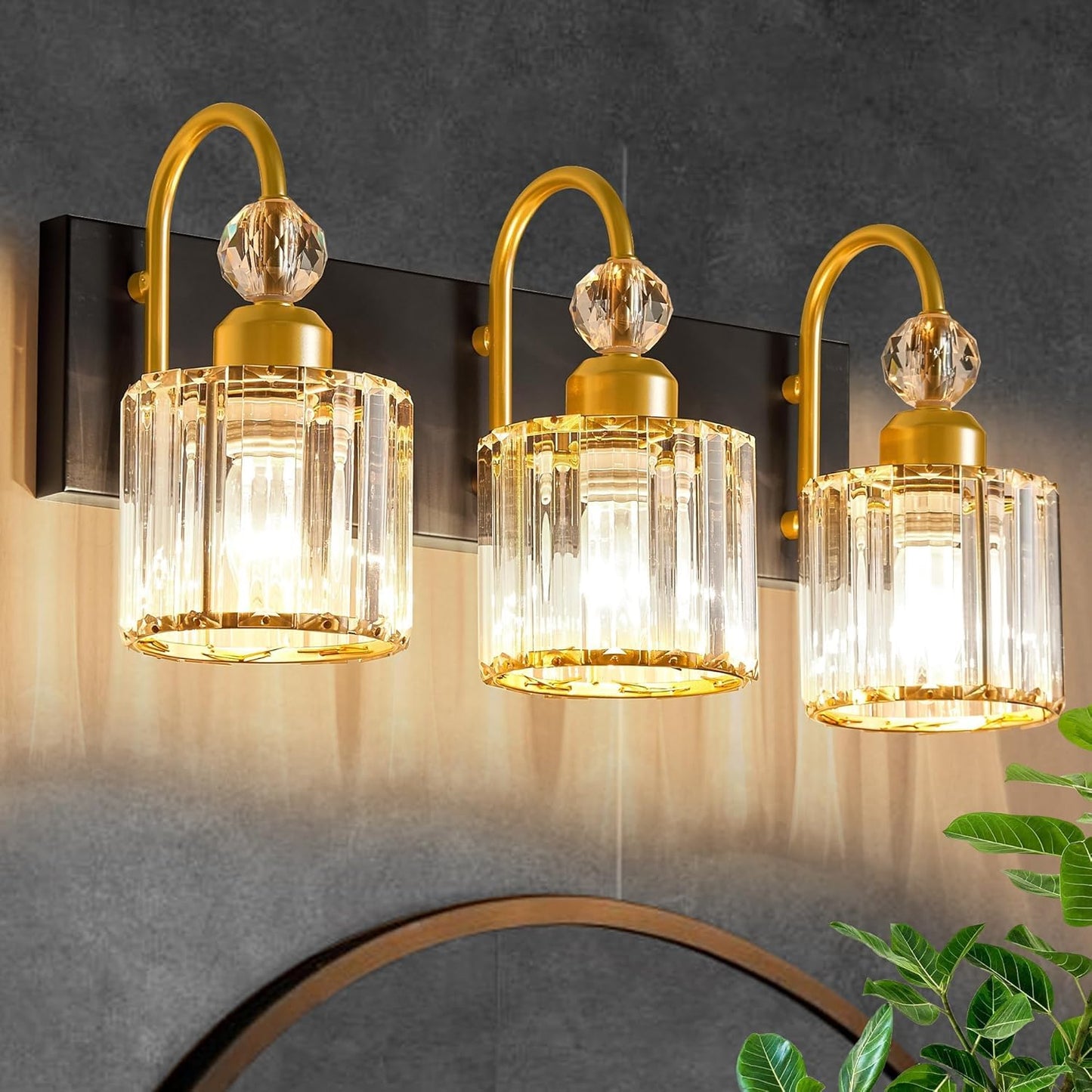 DIAMONDFORGE Bathroom Vanity Light Fixtures Over Mirror, Makeup Lighting for Modern Wall, Bath, Desk, Hallway, Farmhouse, 3 Crystal Lights, Black Gold
