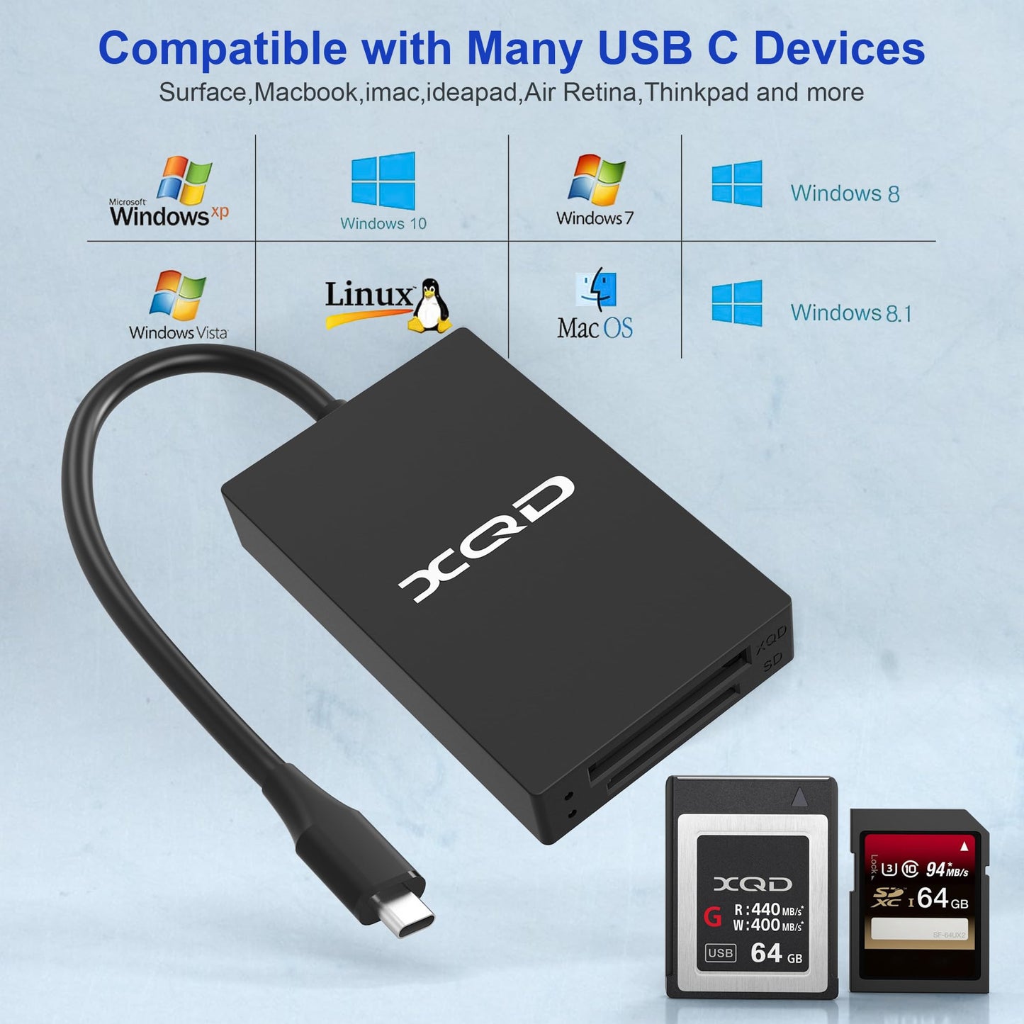 XQD Card Reader USB C XQD/SD Reader Dual Slot Memory Card Reader 5Gpbs Super Speed Support Sony G/M Series, Lexar 2933x/1400x USB Mark XQD Card,SD