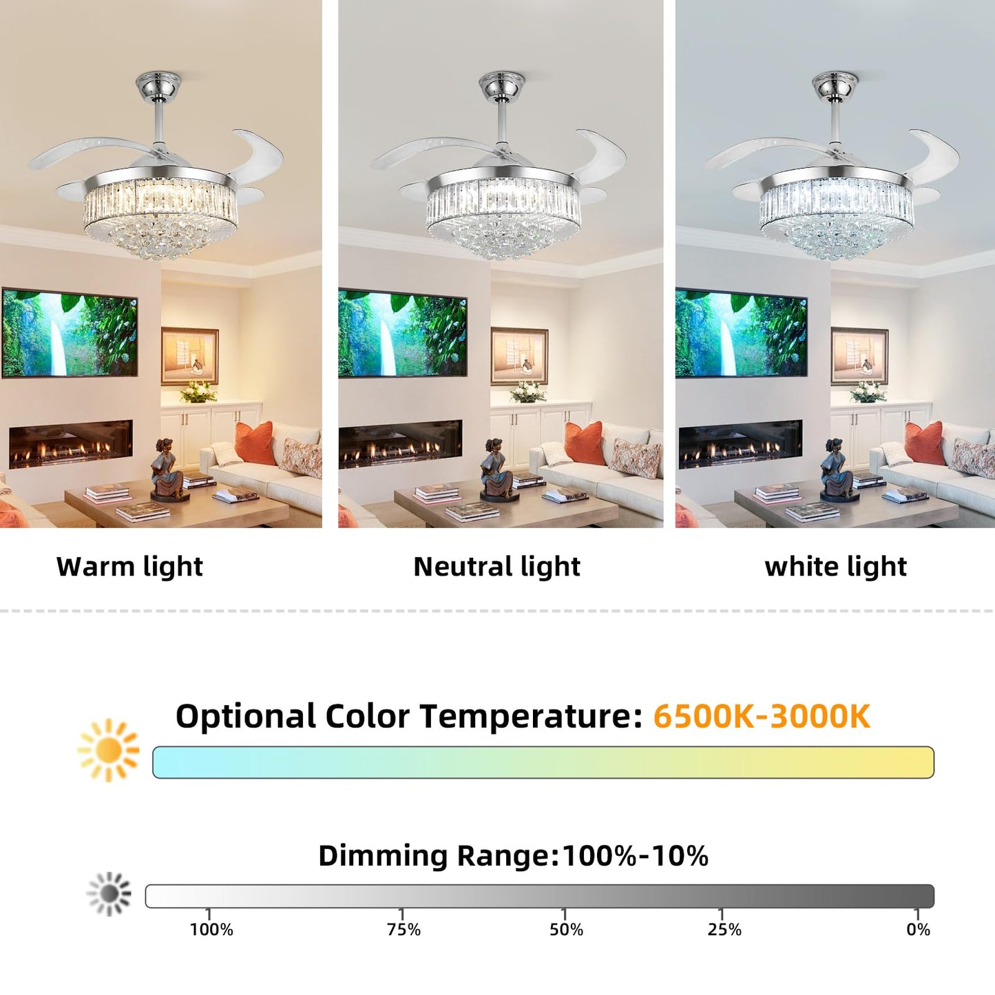 42" Smart Retractable Crystal Ceiling Fan with Light: Alexa/Google Home & Remote, Bluetooth Speaker, Dimmable RGB Light, 6-Speed Reversible Fandelier