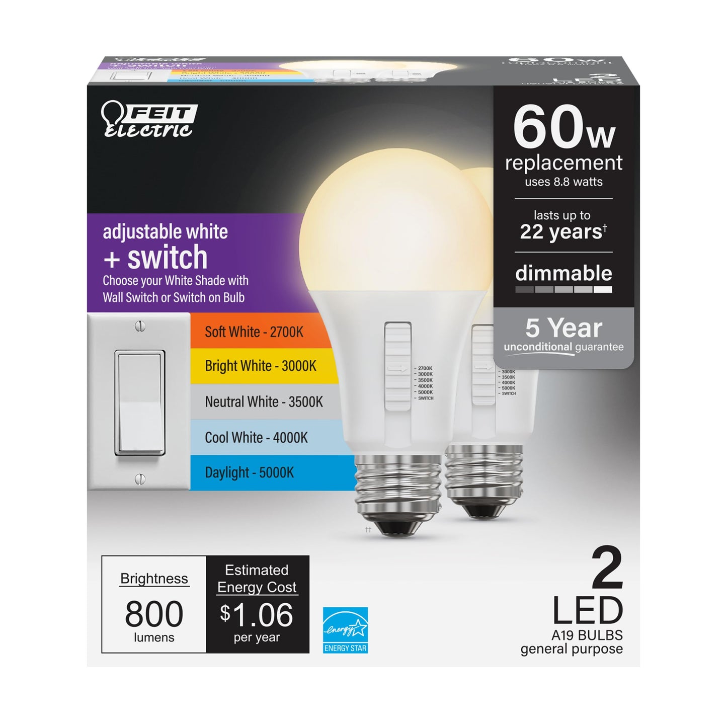 Feit Electric LED Light Bulbs - A19 60W Eq. Dimmable 5CCT + Switch - 2 Pack