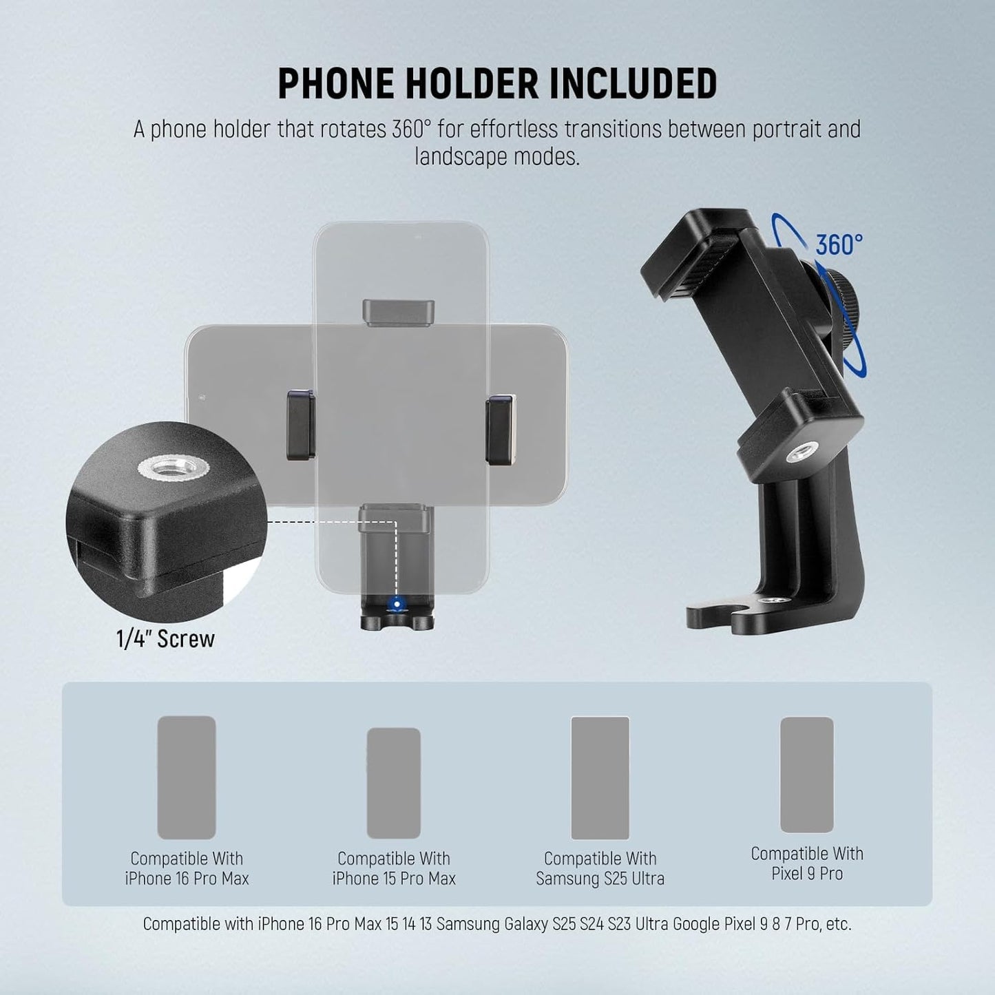 NEEWER BASICS Camera Tripod, 71'' Tripod with Cell Phone Holder Mount Compatible with iPhone for Video Recording, Professional Aluminum Lightweight