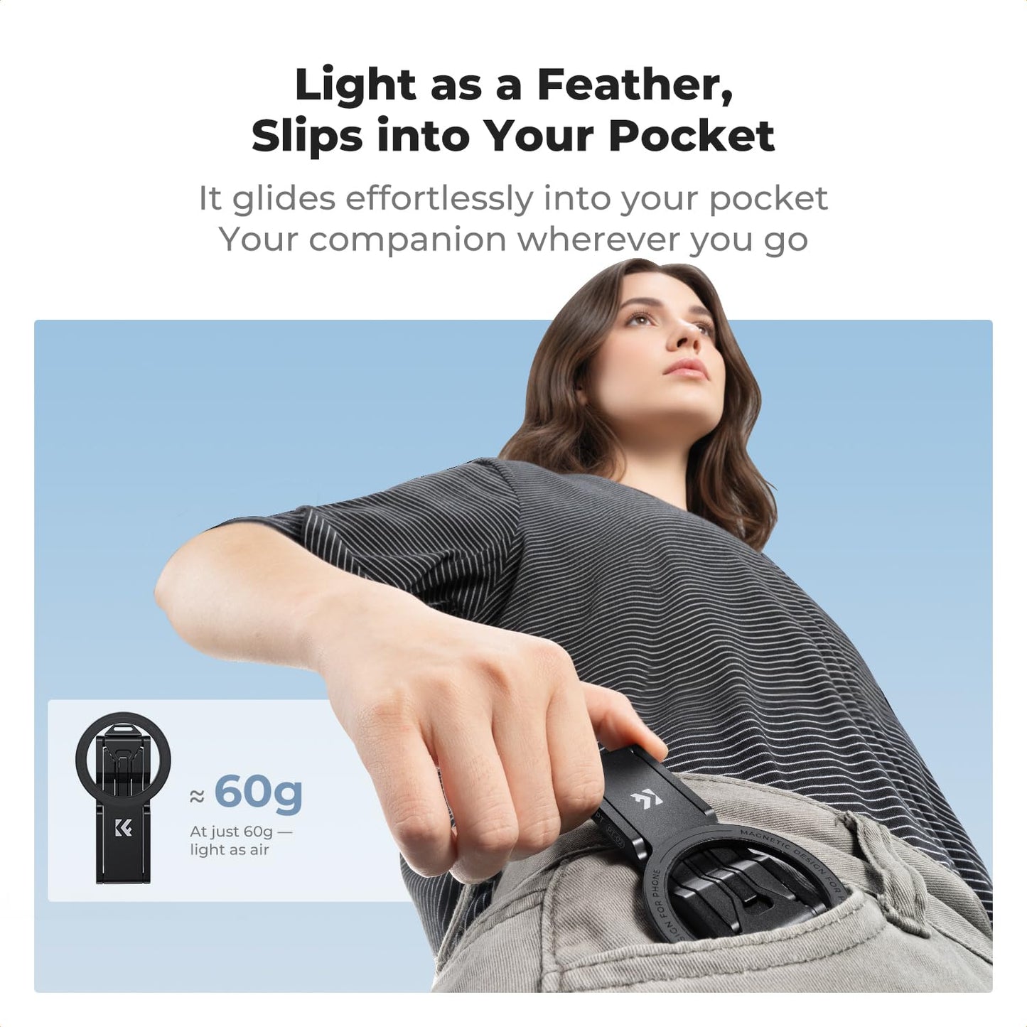 K&F CONCEPT PT02 7mm 59g Magnetic Phone Stand, Foldable Selfie Stick for iPhone, Dual-Sided Magnets Mini Tripod Pocket Cell Phone Stand with Hook