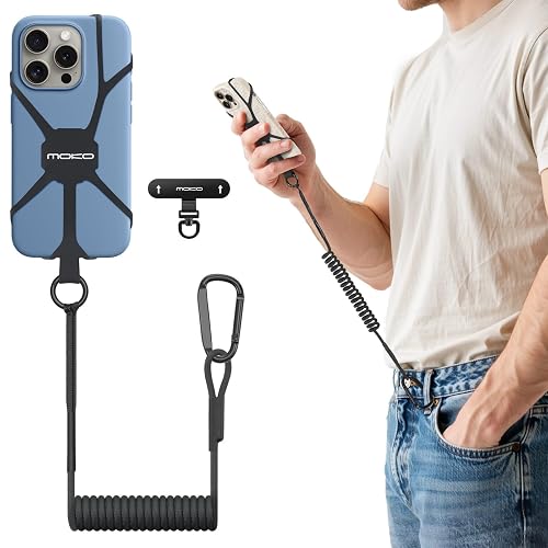 MoKo Retractable Phone Tether Lanyard, Anti-theft Cell Phone Strap with Silicone Sleeve-Fits up to 6.8" Phones, 360° Metal Tether Tab Cellphone Leash