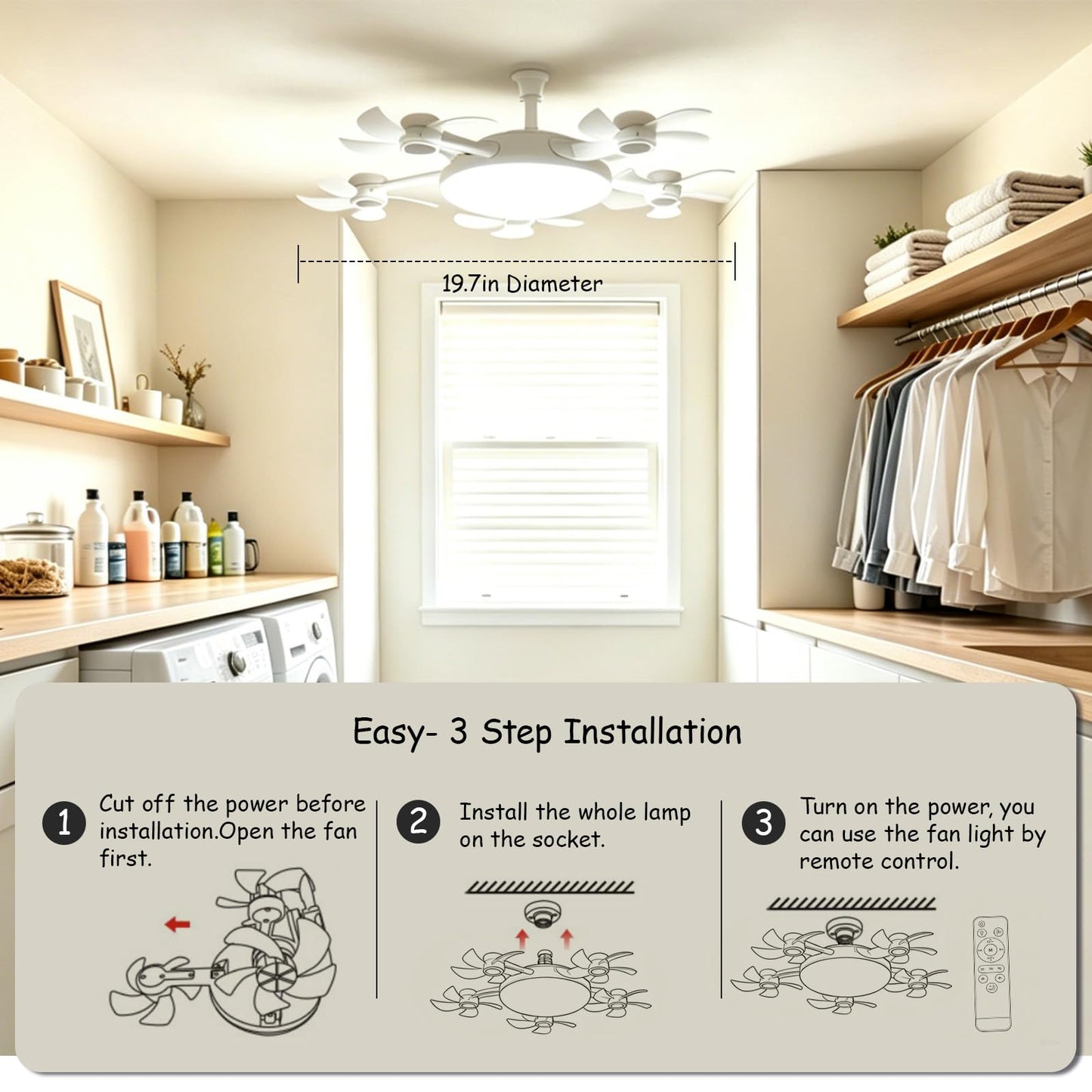 Xoesdt Drone Ceiling Fan with Light, 5-Head Drone Socket Fan Light with Remote, E26/E27 Socket Ceiling Fan, Dimmable LED, Quiet DC Motor, for Small