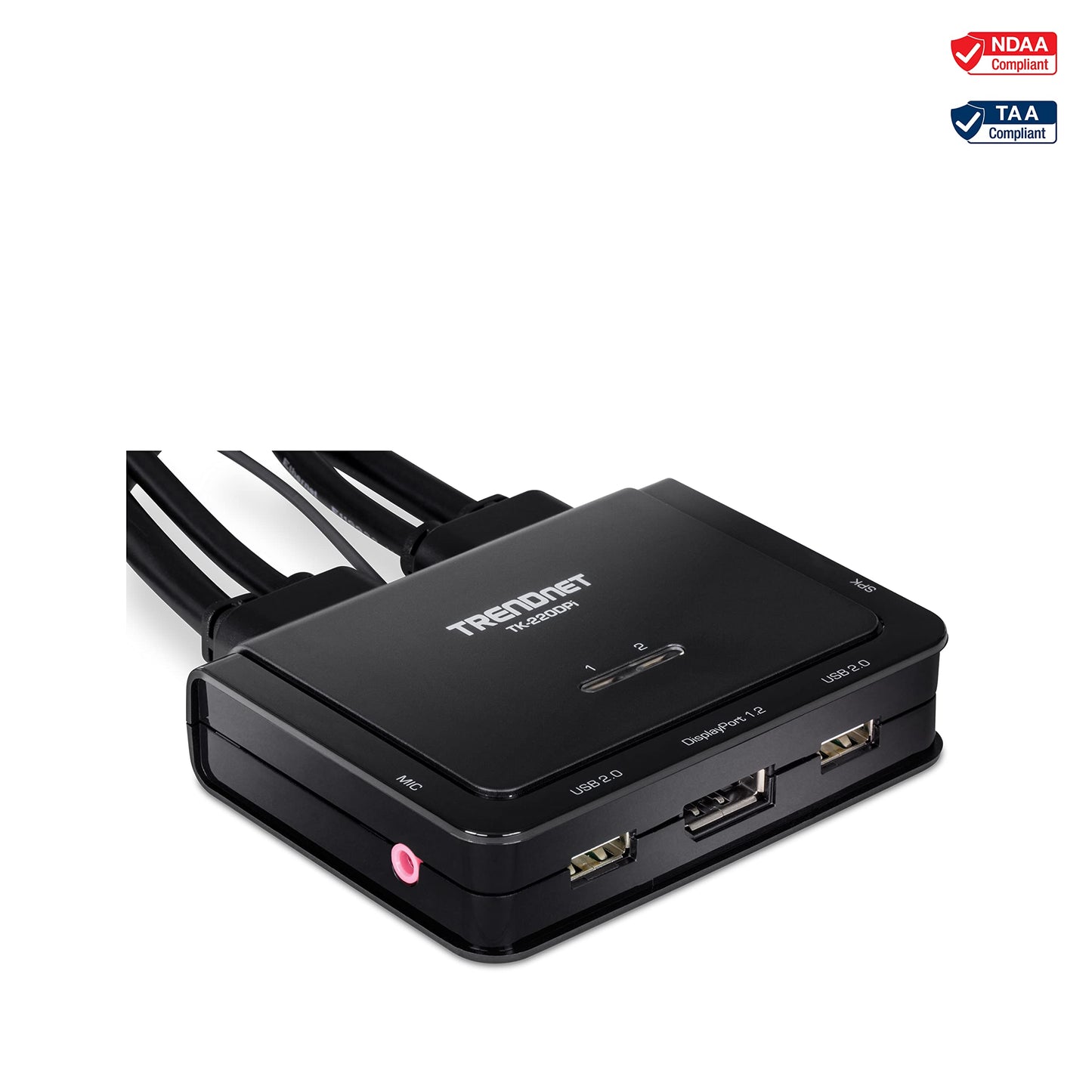 TRENDnet 2-Port 4K DisplayPort 1.2 KVM Switch with Audio, 4K UHD (3840 x 2160@60Hz), 3.5mm Speaker/Microphone, USB 2.0, Integrated Cables, Black