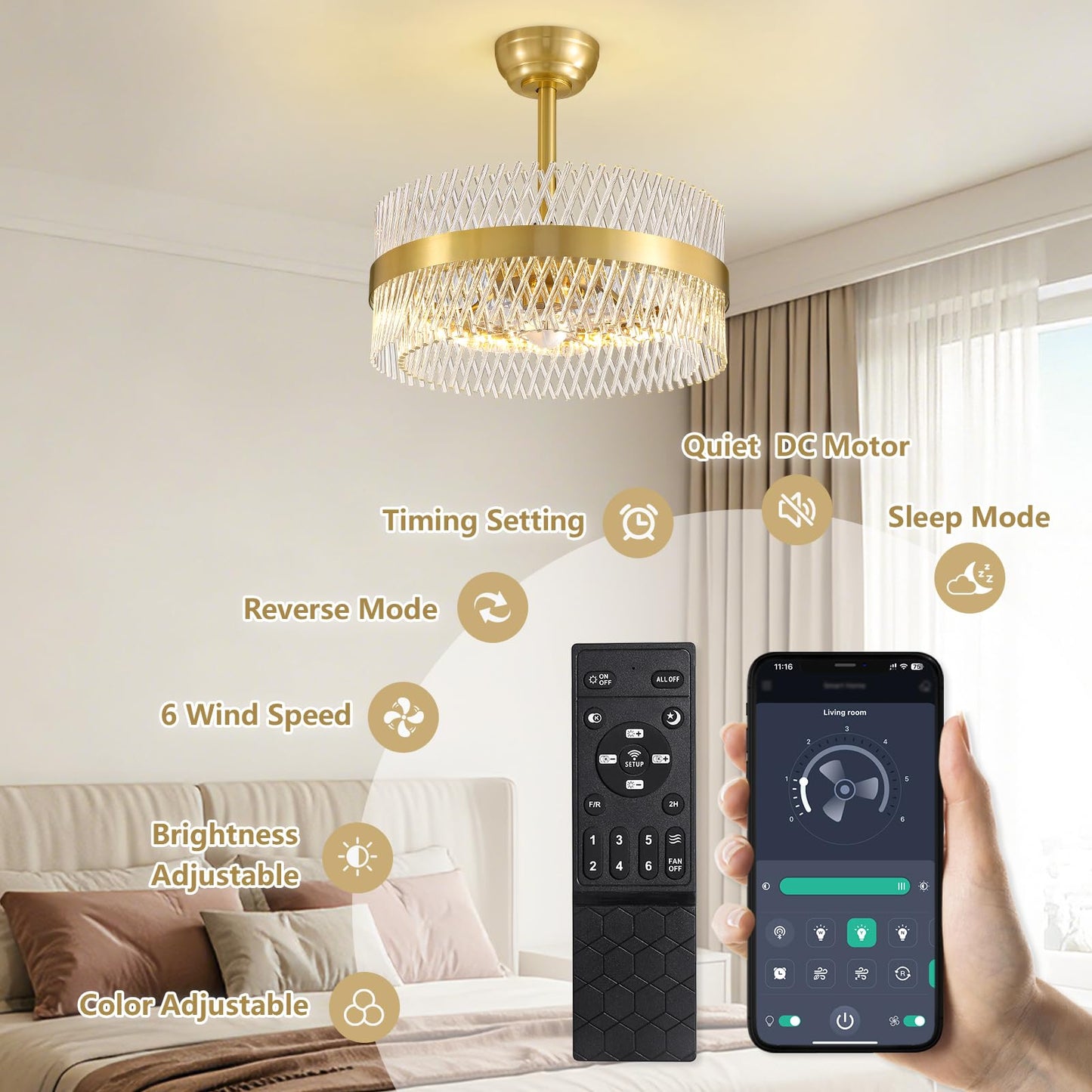 NOXARTE 20 Inch Fandelier Ceiling Fans with Light, Crystal Chandelier Fan, Gold Ceiling Fan with Remote, Modern Fandelier with 6 Reverse Speed, 3CCT