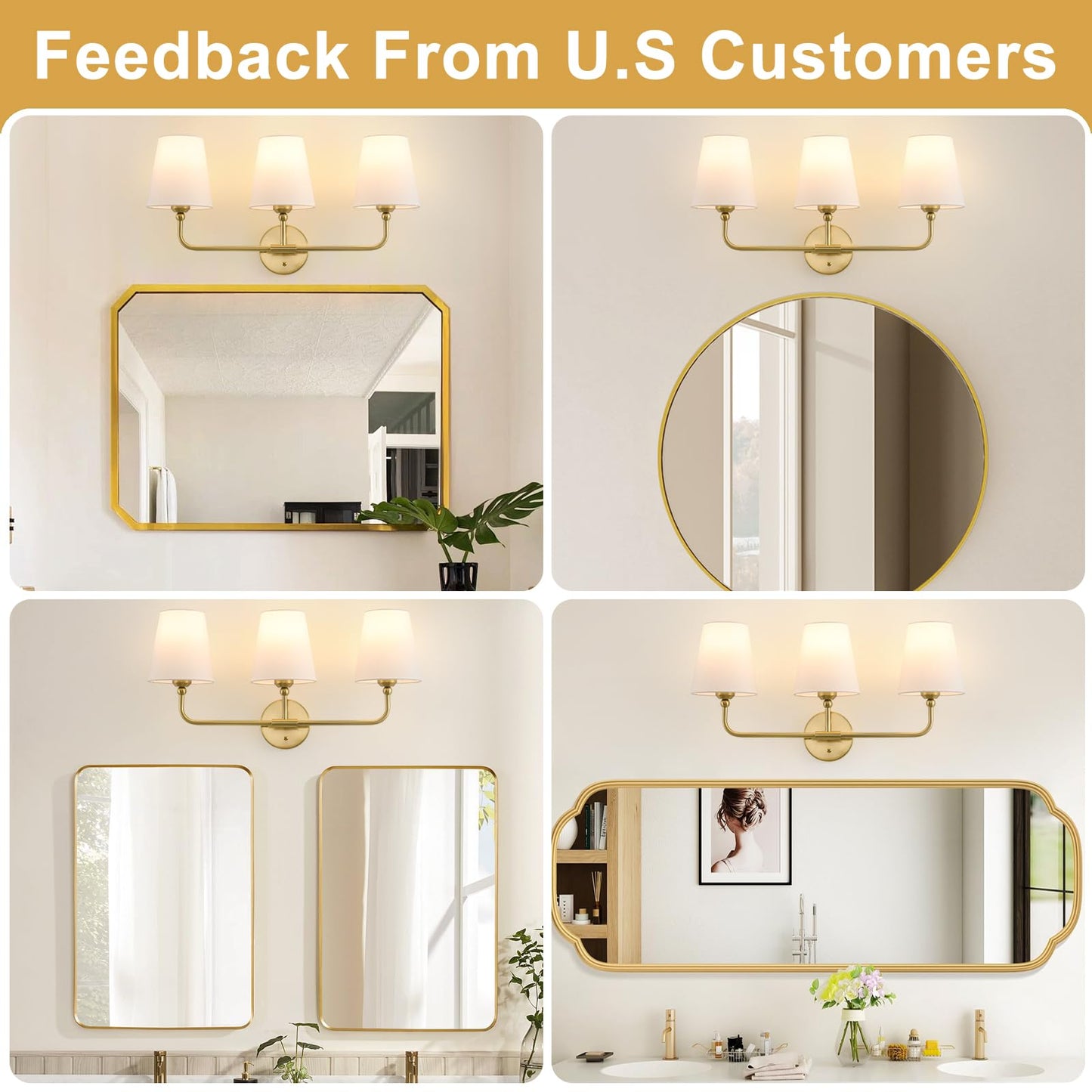 Bathroom Light Fixtures, 3-Light Brushed Gold Vanity Lights, 24.5" Bathroom Lighting Fixtures Over Mirror with White Flared Fabric Shade, Modern Wall