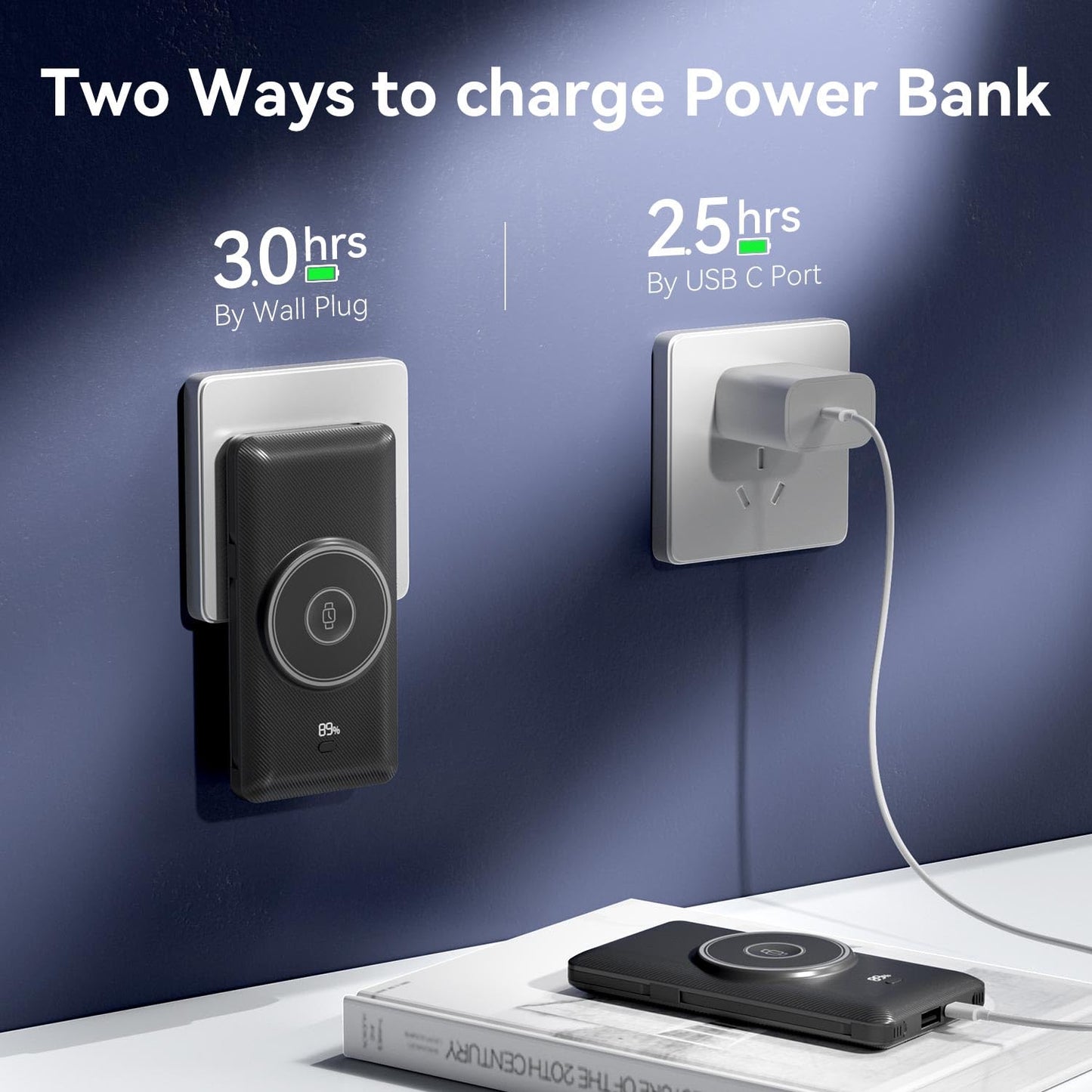 LUCKYFELLOW Magnetic 10000mAh Portable Charger for iWatch & iPhone, PD Fast Charging Wireless Power Bank Built-in Cables and Wall Plug, External