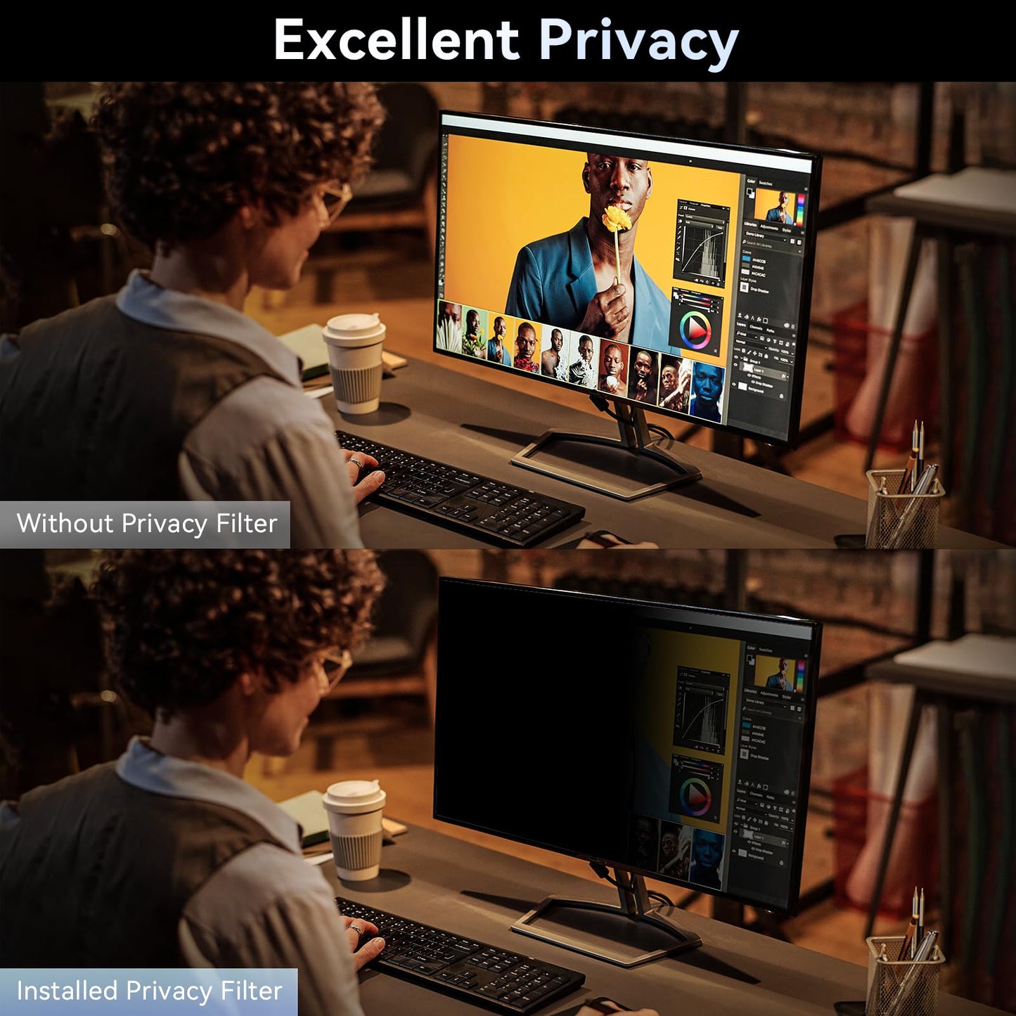 [2-Pack] 24 Inch Computer Privacy Screen Filter for 16:9 Widescreen Monitor, Removable Eye Protection Anti Glare Blue Light Filter Privacy Shield