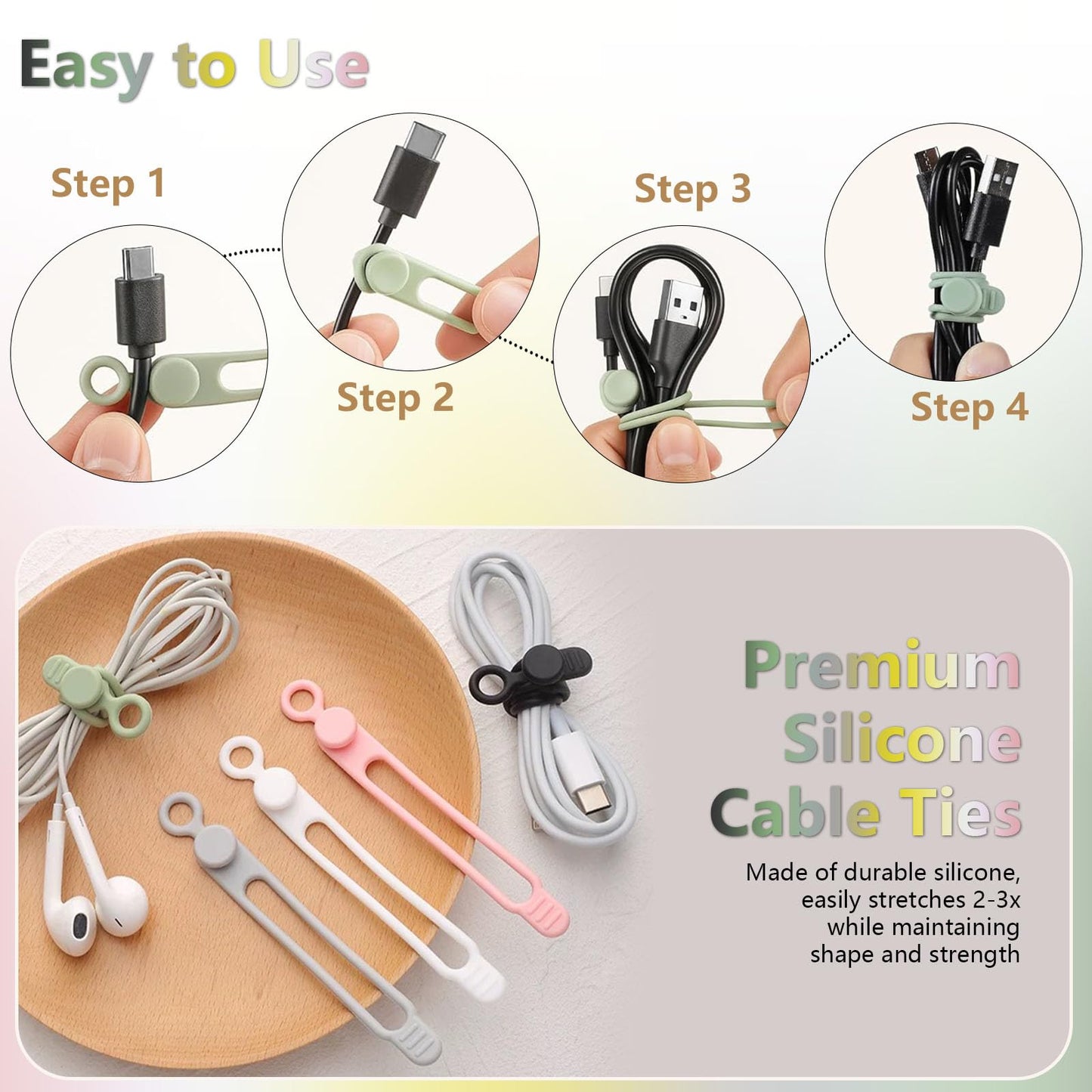 Data Cable Organizer, Elastic Reusable Silicone Cable Straps Cord Organizer for Bundling and Fastening Earphone, Phone Charger (12 PCS)