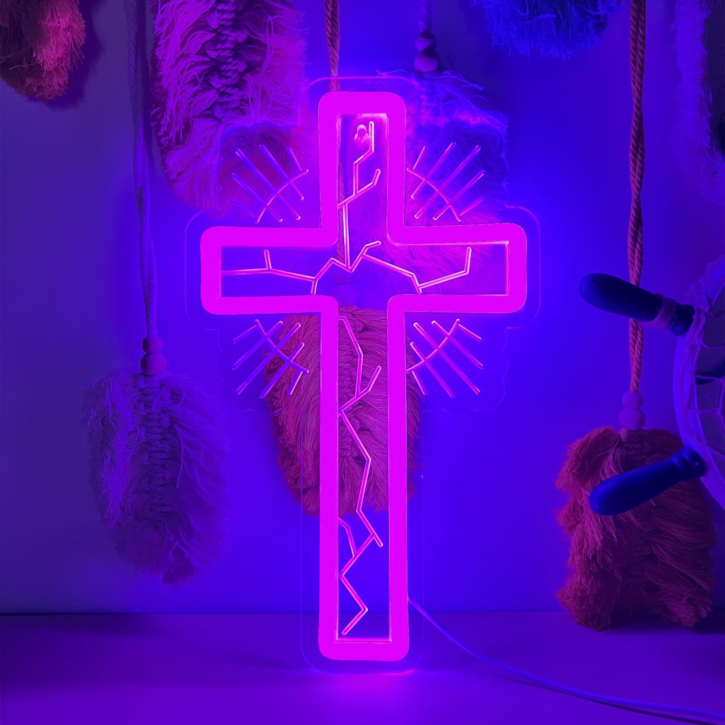 Purple Cross Neon Light LED Sign for Wall Decor - Christian Religious Art for Bedroom, Church, Prayer Room - Acrylic Neon Lamp for Baptism, Easter