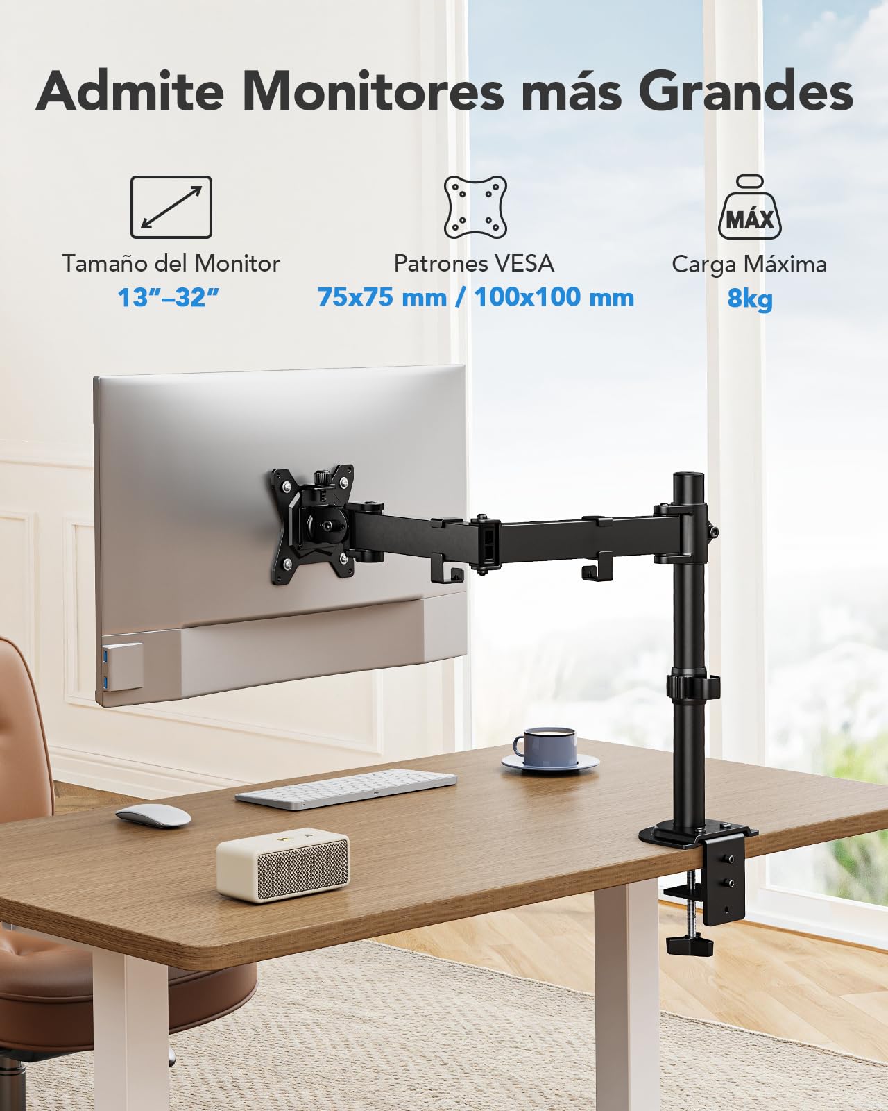 HUANUO Single Monitor Mount, Monitor Arm for 13”-32” Monitors up to 17.6 lbs, Adjustable Stand with 16” Max Height, Desk Mount with C-Clamp