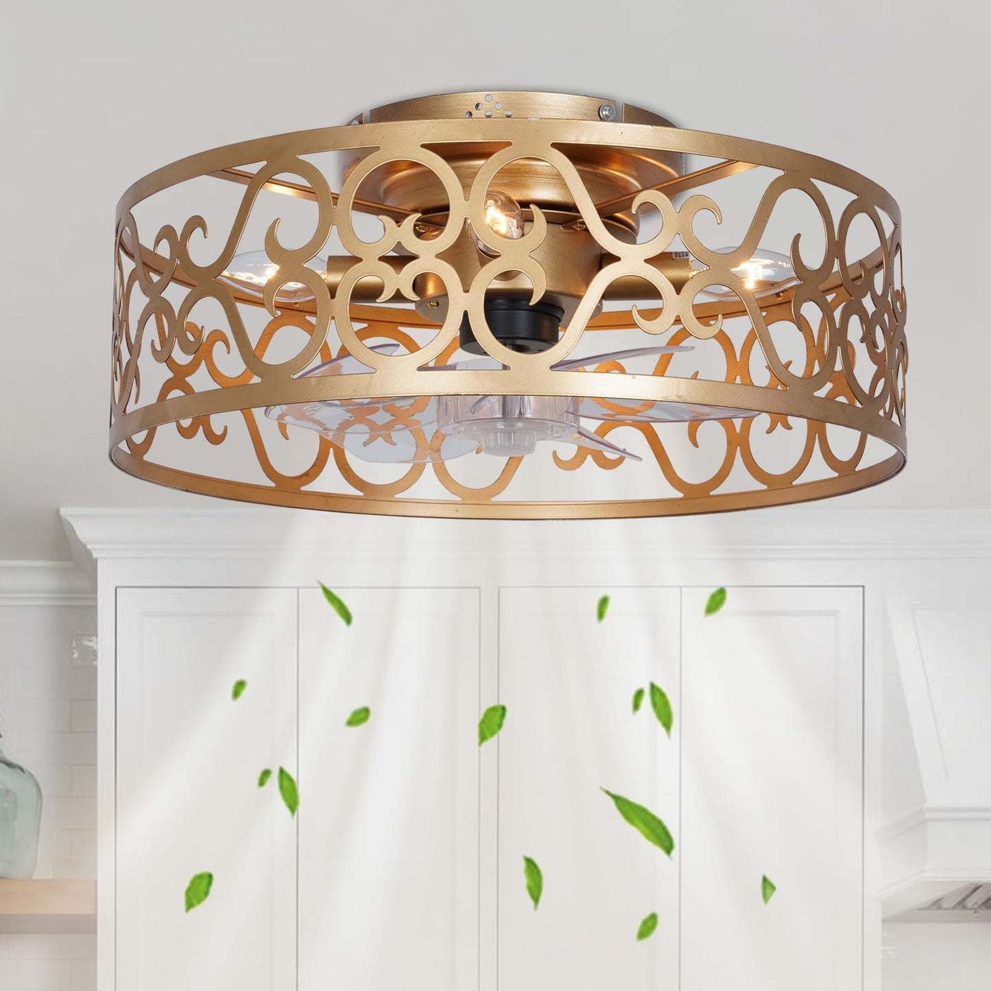 COZYLUME Cage Ceiling Fan Lights, Antique Gold Farmhouse Fan Light W17.7