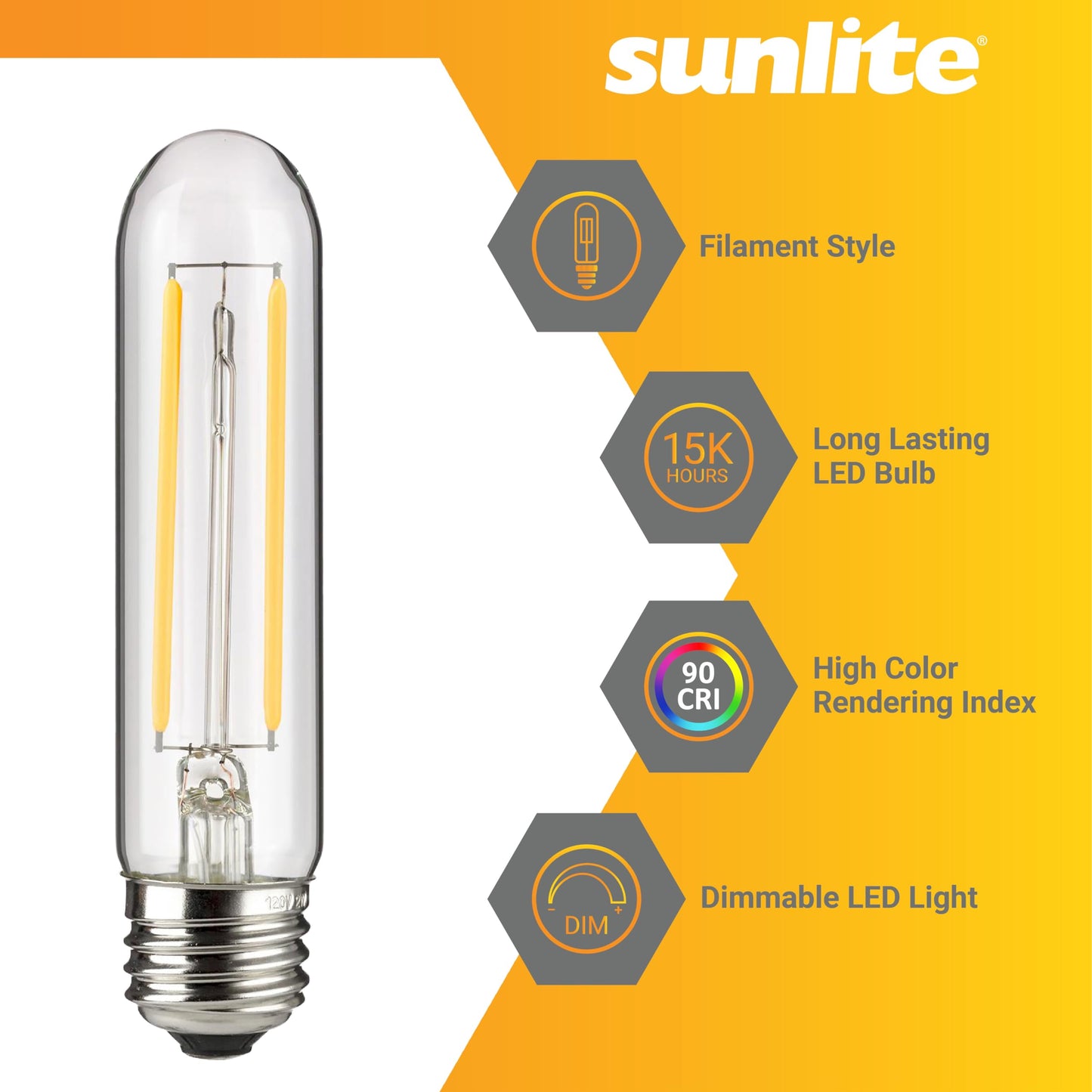 Sunlite LED Filament T10 Tubular Light Bulb, 2 Watts (25W Equivalent), 160 Lumens, Medium E26 Base, 120 Volts, Dimmable, 90 CRI, UL Listed, Clear