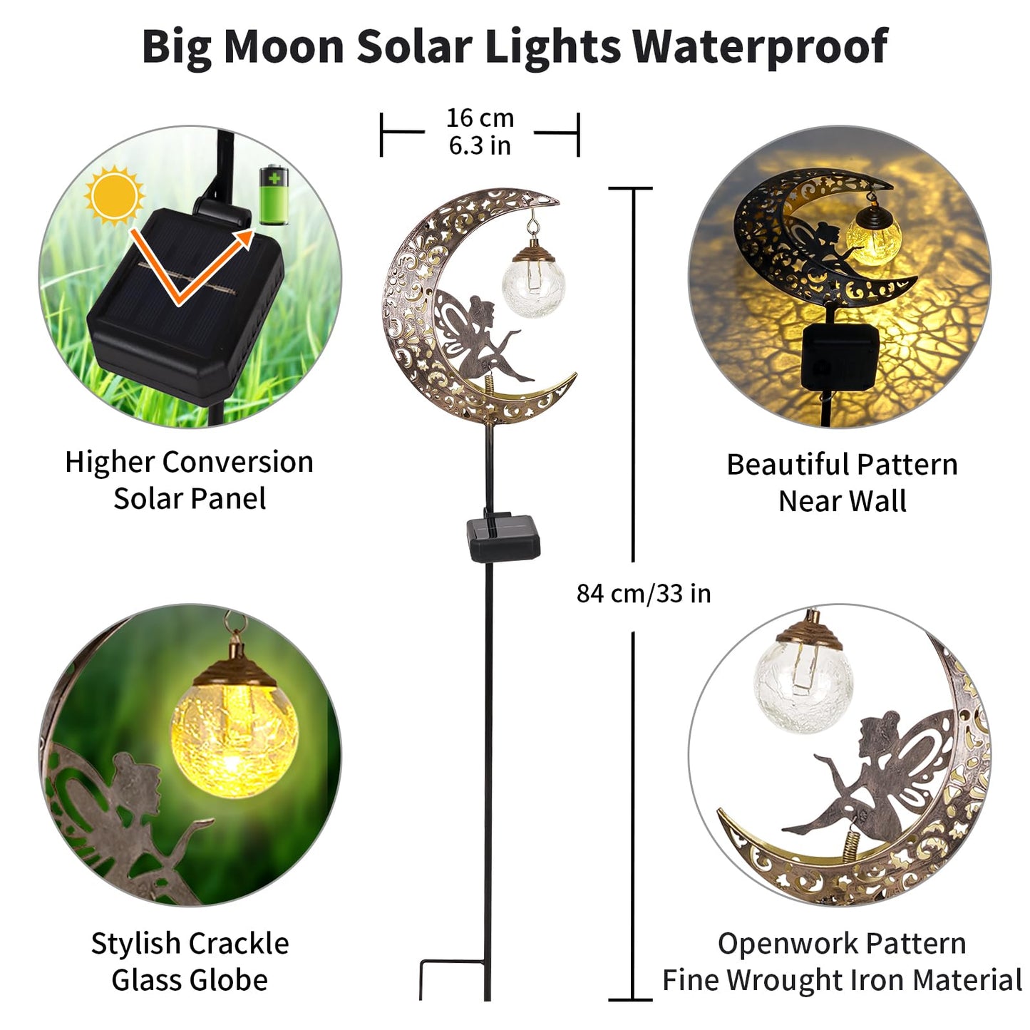Solar Garden Lights Outdoor Decor,Moon Fairy Crackle Glass Lights,Waterproof Warm White LED Metal Stake Ornament,for Walkway Backyard Patio Lawn