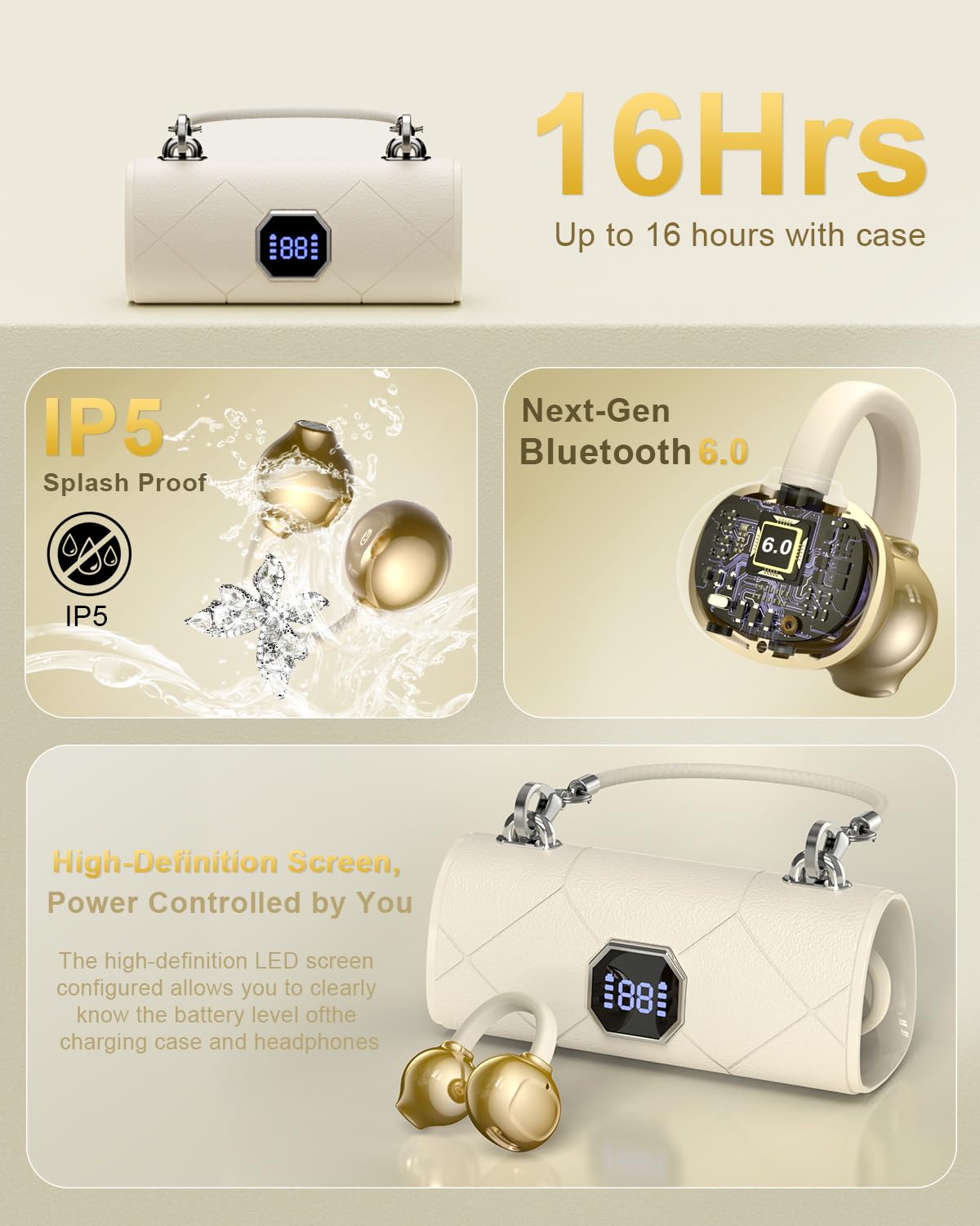 Alfu Bluetooth Wireless Open Ear Earbuds: Jewelry Clip On Headphones with Butterfly Earrings - Bluetooth 6.0 IPX5 Waterproof Earphones with Fashion