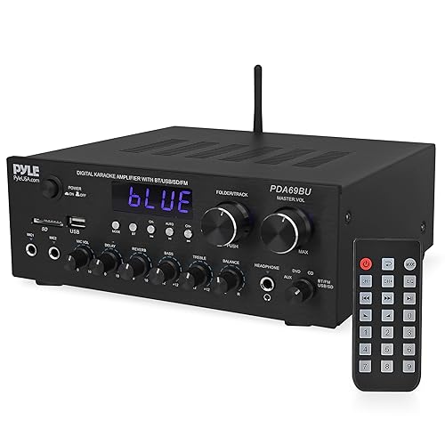 Pyle Home Karaoke Amplifier Receiver with Bluetooth Streaming, 200 Watt Peak, Dual Mic Inputs with Delay and Reverb, 2.0 Channel Hi Fi Sound System