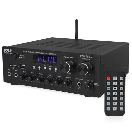 Pyle Home Karaoke Amplifier Receiver with Bluetooth Streaming, 200 Watt Peak, Dual Mic Inputs with Delay and Reverb, 2.0 Channel Hi Fi Sound System