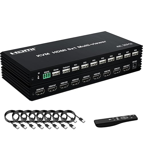 4K HDMI KVM Switcher 8 in 1 Out, 4K Multi-Viewer with IR Remote and Button Switch, HDMI Splitter with 16 Modes Displays 1 Full Screen+15 Kinds Split