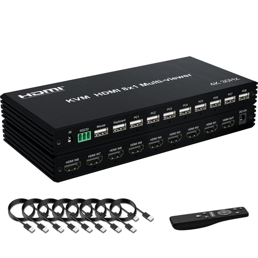 4K HDMI KVM Switcher 8 in 1 Out, 4K Multi-Viewer with IR Remote and Button Switch, HDMI Splitter with 16 Modes Displays 1 Full Screen+15 Kinds Split
