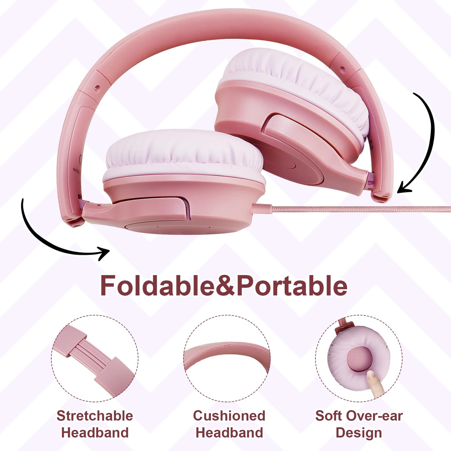 Kids Wired Headphones with Built-in Microphone, 85/94dB Safe Volume Limiter,Foldable,3.5mm Jack Over-Ear Cord Headset for Online Study/Travel…