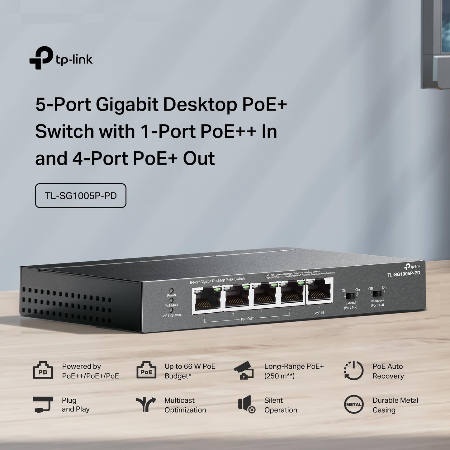 TP-Link TL-SG1005P-PD 5-Port Passthrough Gigabit Ethernet Switch - 1 PoE++ in @90W, 4 PoE+ Output up to 66W, Plug & Play, Extend Mode, QoS, IGMP, Auto