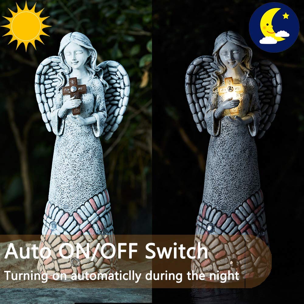 Yiosax Angel Garden Statues Outdoor Solar Decor Gifts for Women Cross Praying for Cemetery Backyard Lawn Yard Decoration?10.24inch?