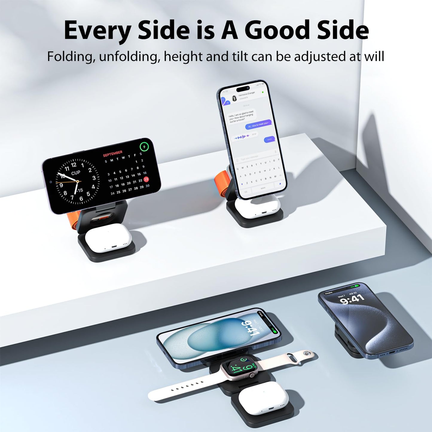 KU XIU X55 Foldable 3 in 1 Charging Station for Apple Devices, 15W Fast Magnetic Wireless Charger, Magent Travel Charger Stand for iPhone 16 15 14 13
